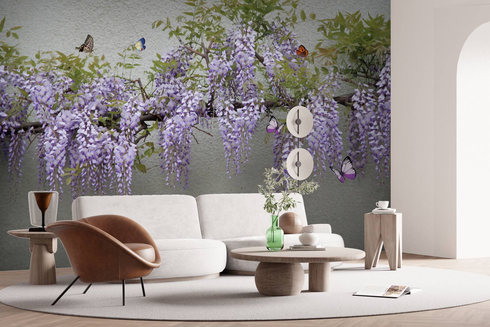 Fotobehang een tak met lila bloesems en fladderende vlinders