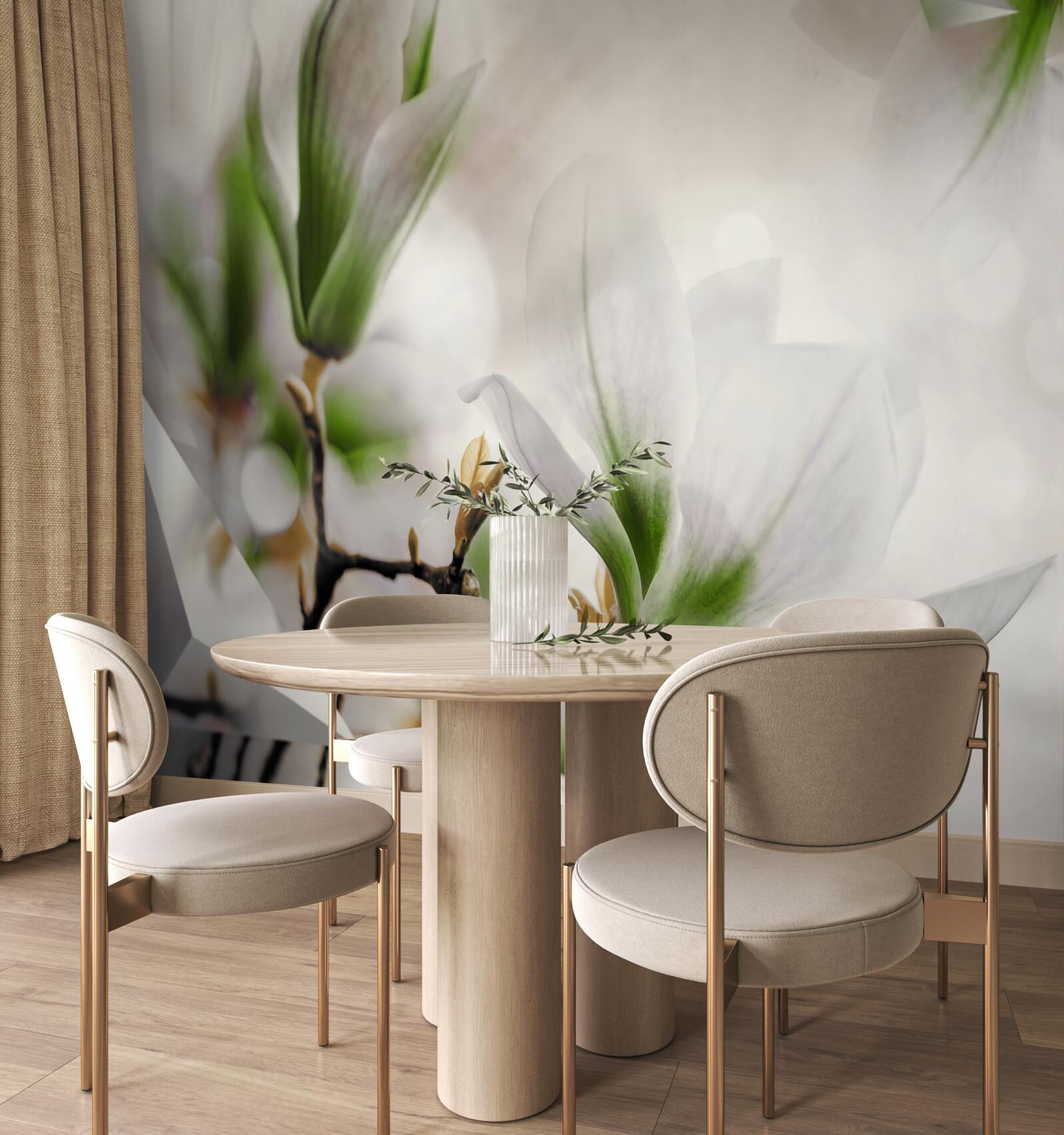 Fotobehang bloemen in witte en groene tinten gecombineerd met geometrische vormen