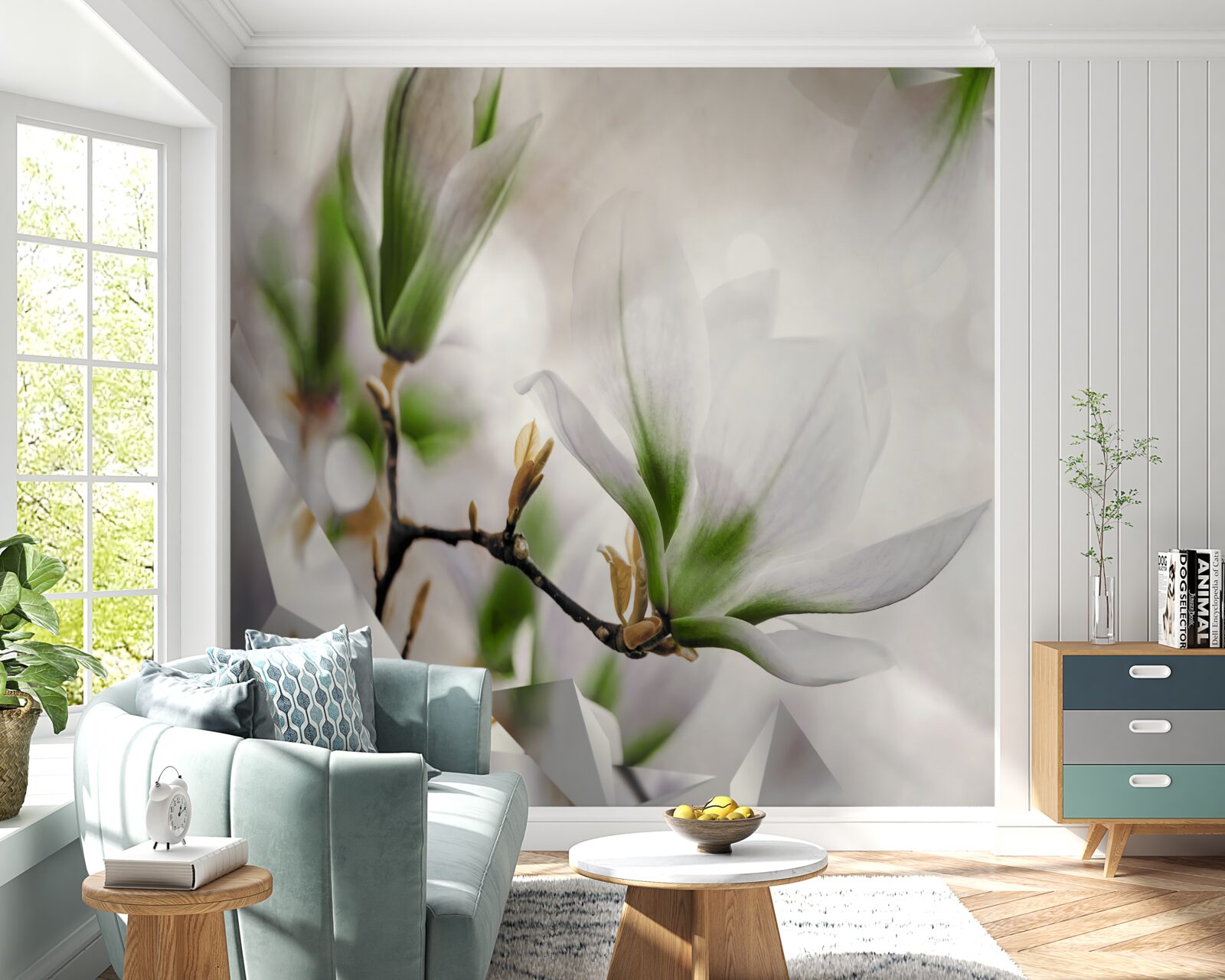 Fotobehang bloemen in witte en groene tinten gecombineerd met geometrische vormen