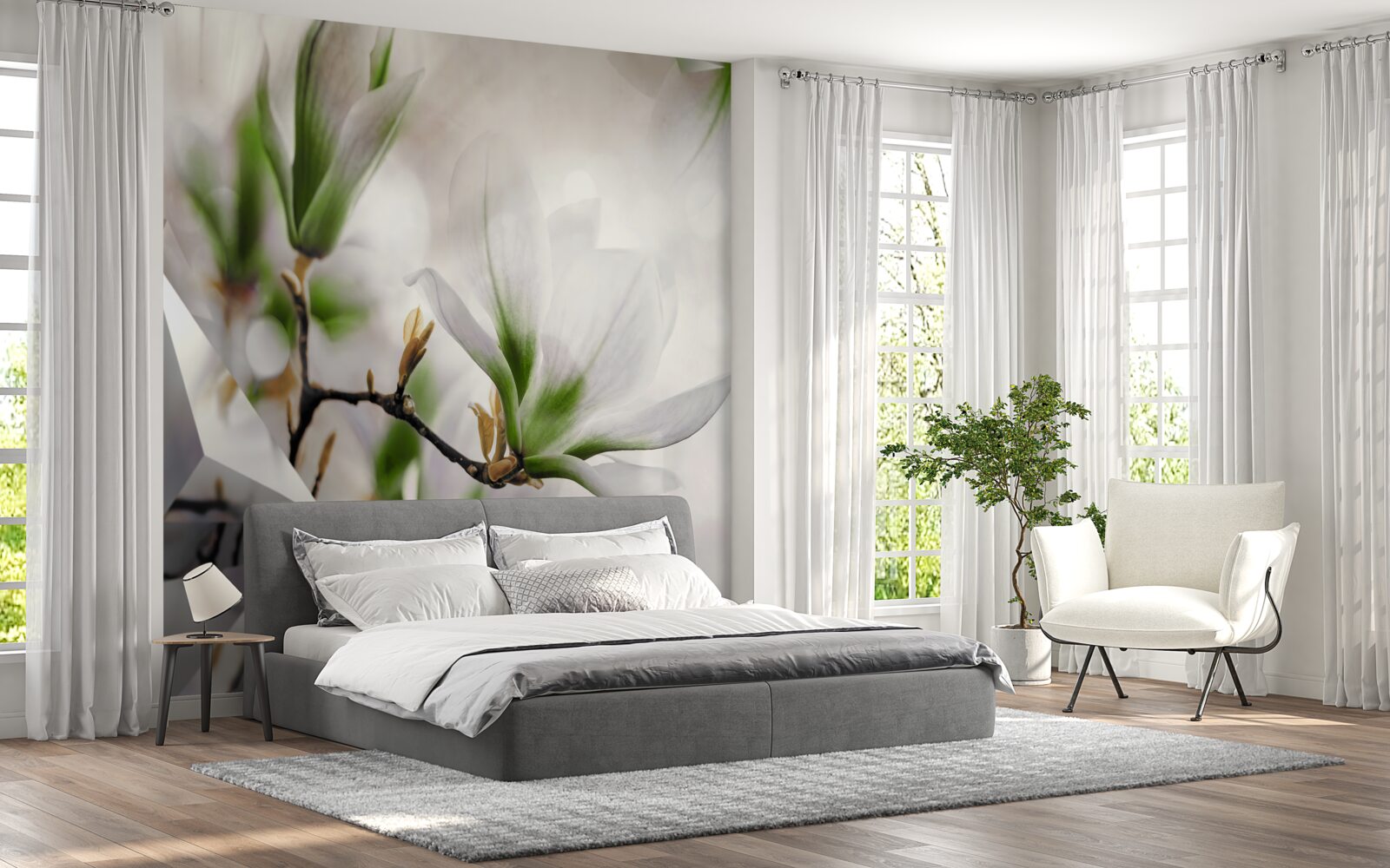 Fotobehang bloemen in witte en groene tinten gecombineerd met geometrische vormen