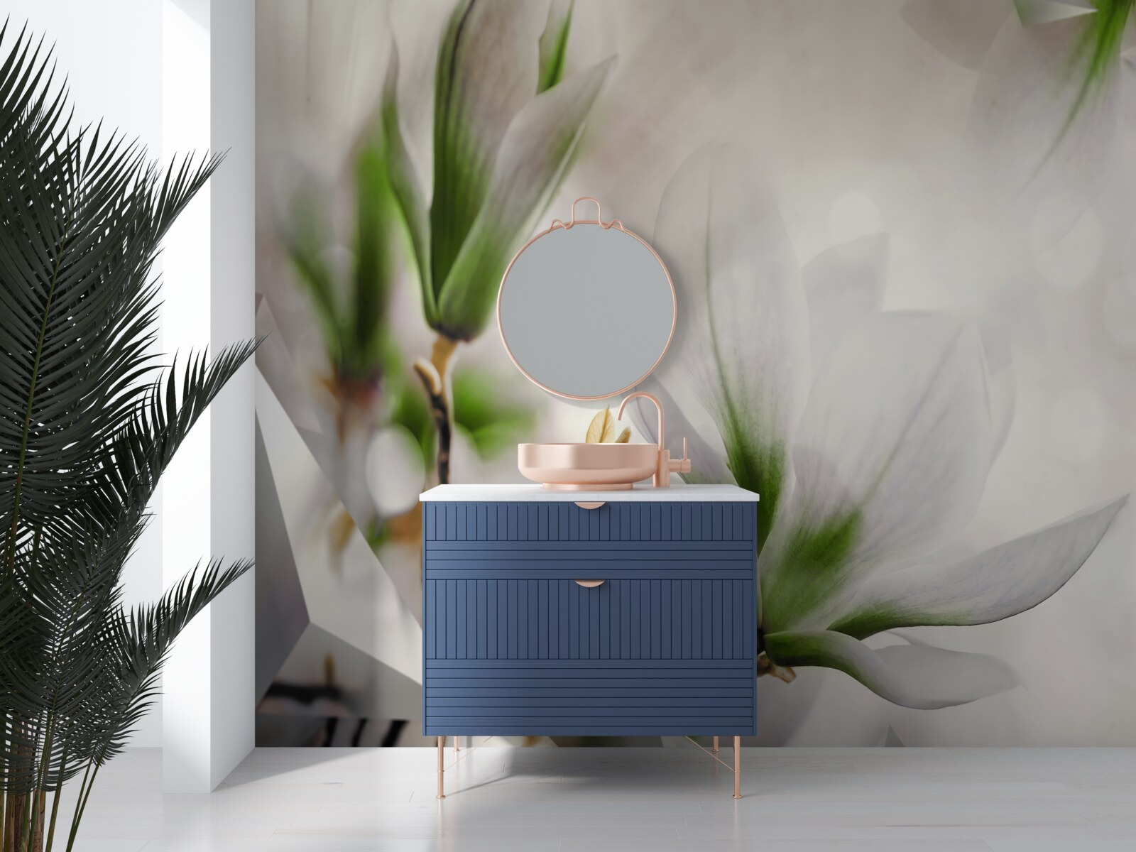 Fotobehang bloemen in witte en groene tinten gecombineerd met geometrische vormen