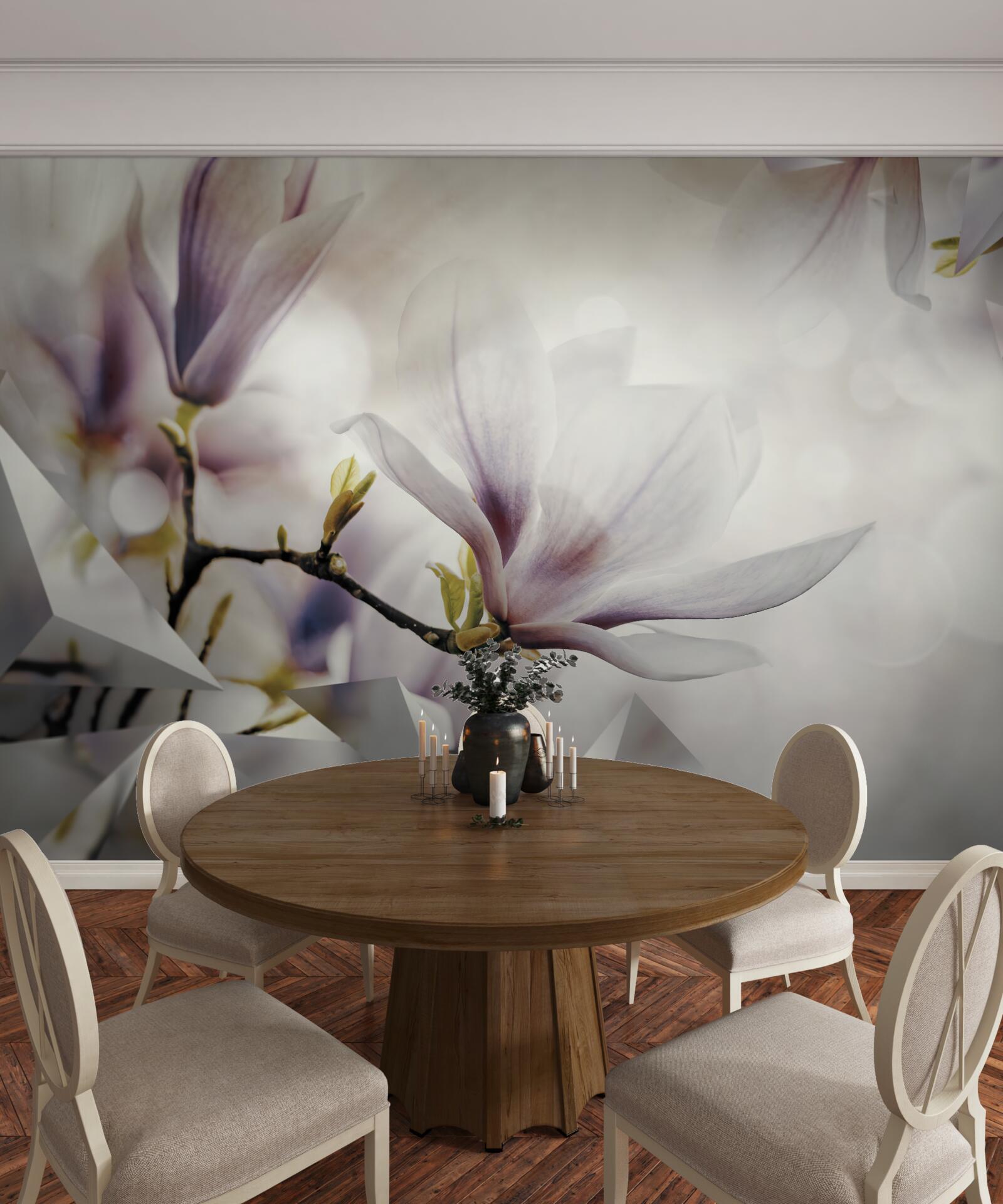 Fotobehang grote lila bloemen en witte vormen