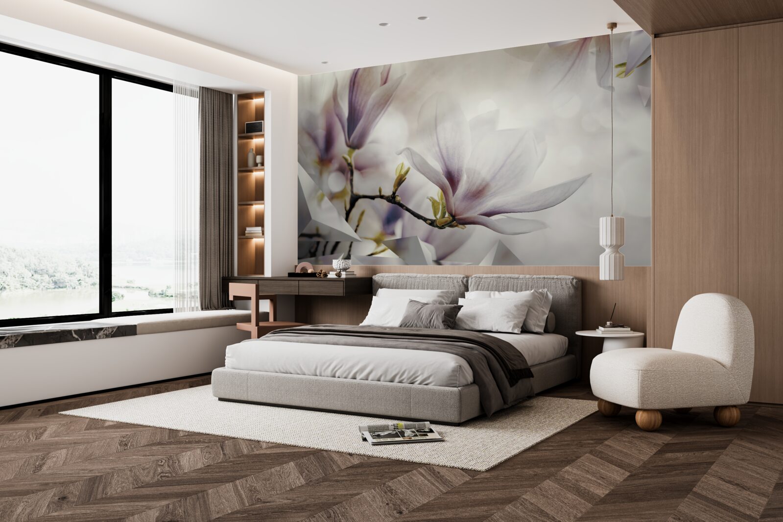 Fotobehang grote lila bloemen en witte vormen