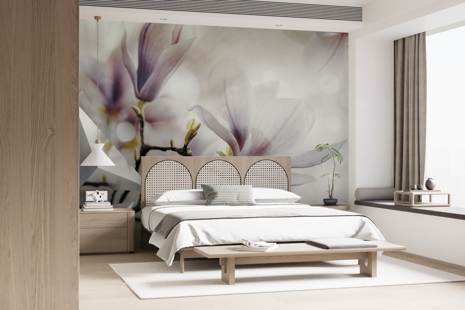 Fotobehang grote lila bloemen en witte vormen