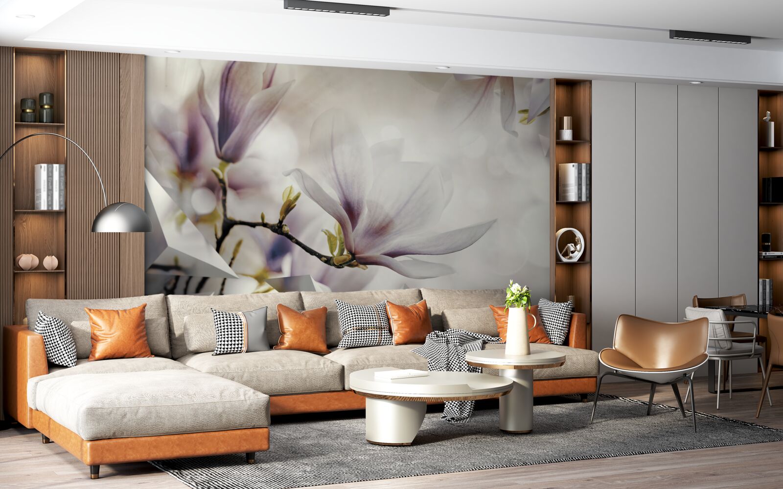 Fotobehang grote lila bloemen en witte vormen