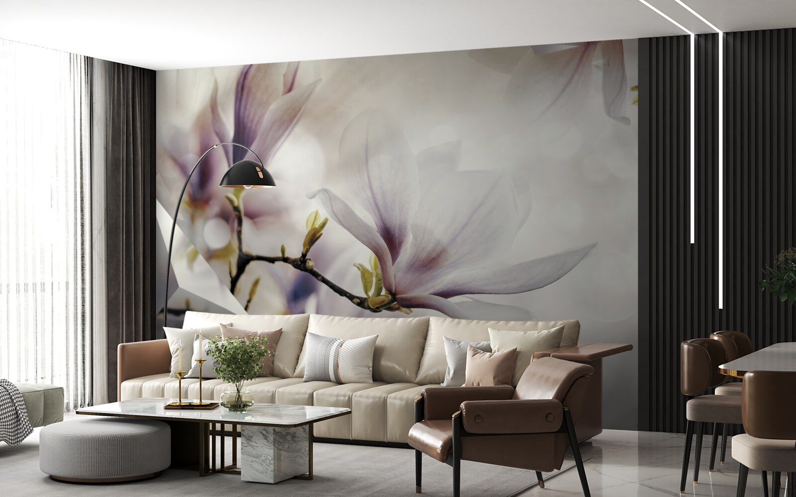 Fotobehang grote lila bloemen en witte vormen