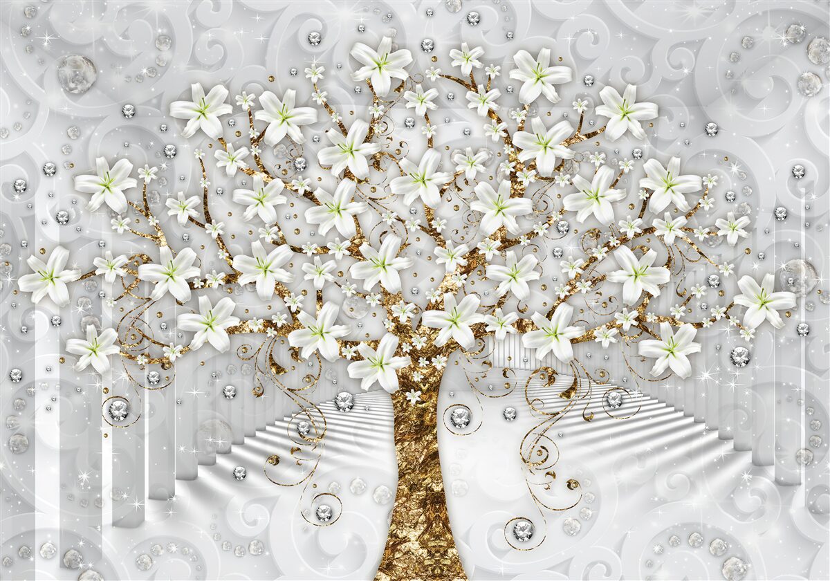 Fotobehang witte bloemen bloeiden aan de boom