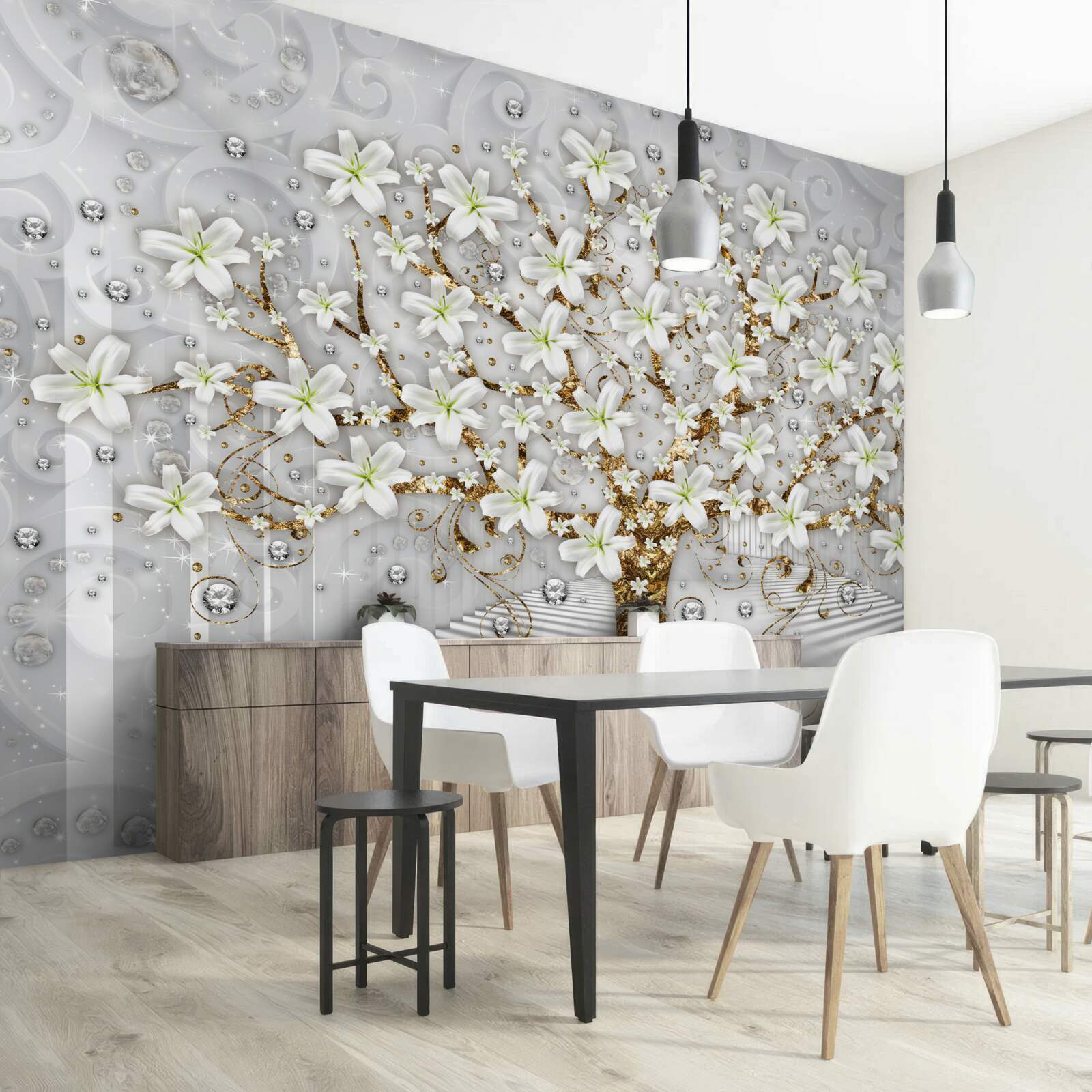 Fotobehang witte bloemen bloeiden aan de boom