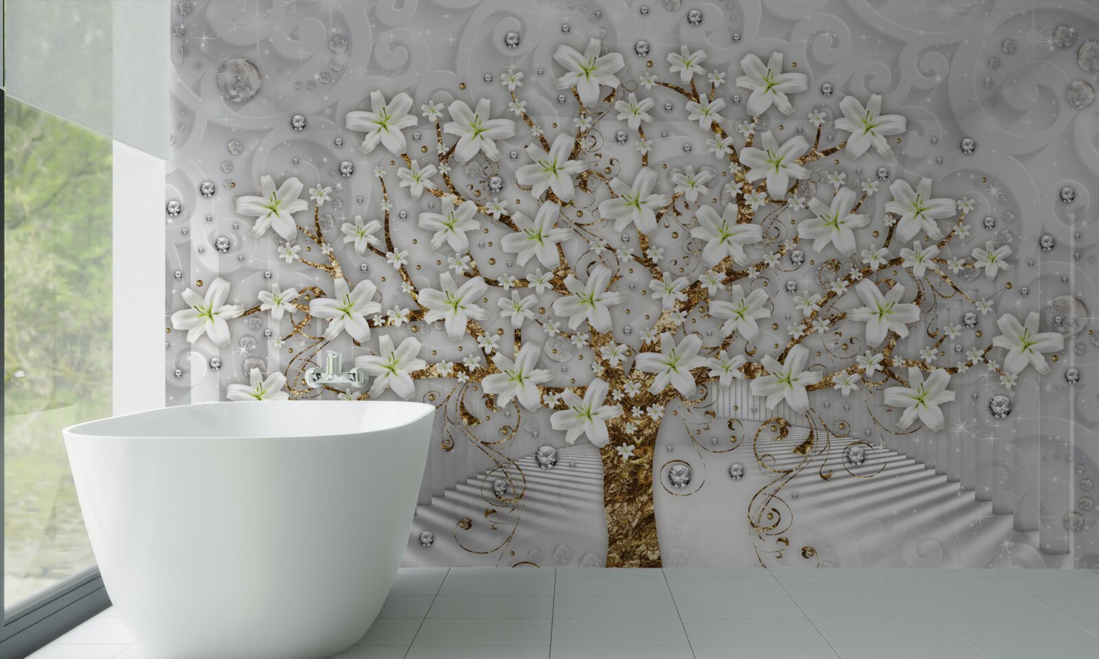 Fotobehang witte bloemen bloeiden aan de boom