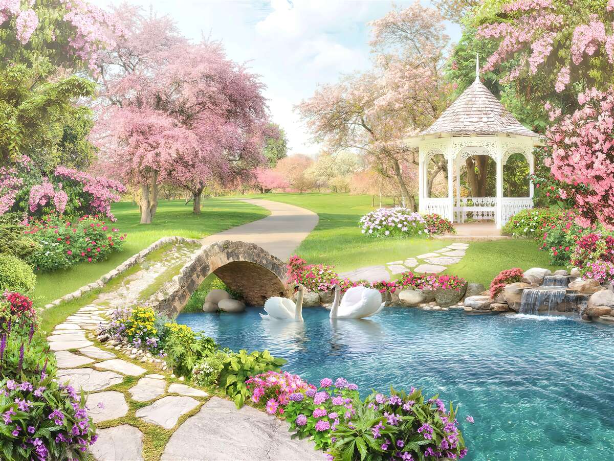 Fotobehang paviljoen bij een meer met zwanen