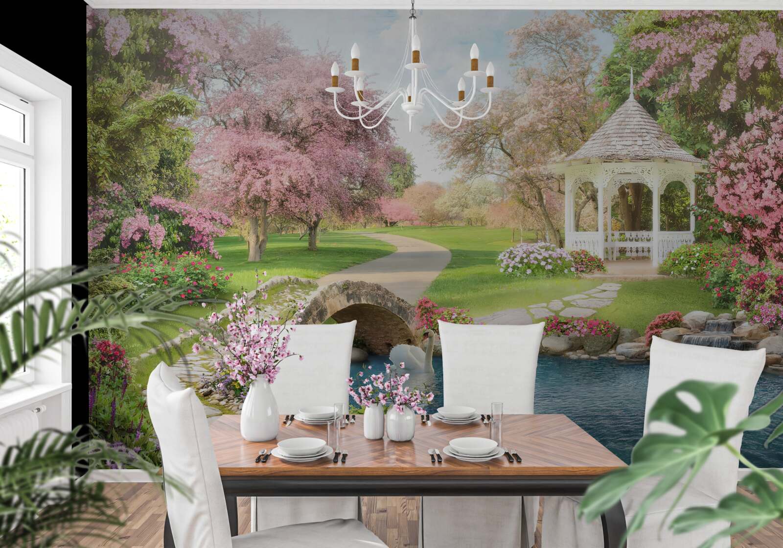 Fotobehang paviljoen bij een meer met zwanen