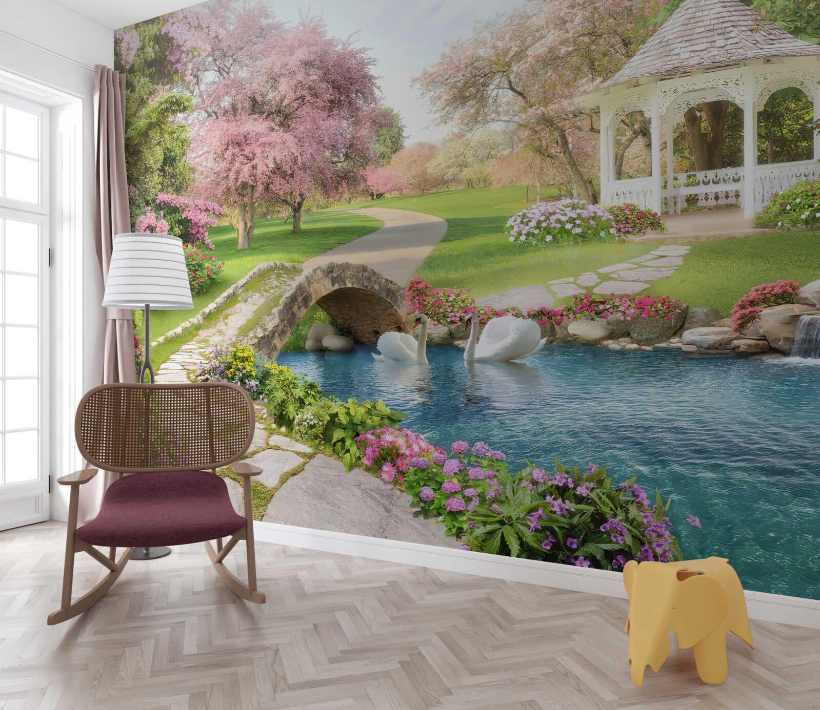 Fotobehang paviljoen bij een meer met zwanen