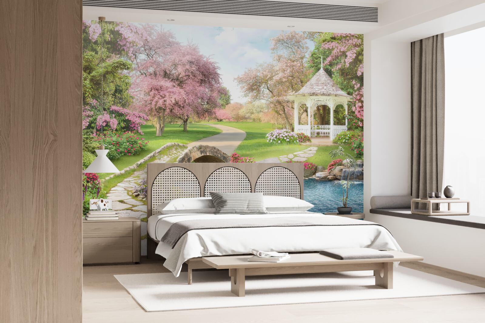 Fotobehang paviljoen bij een meer met zwanen