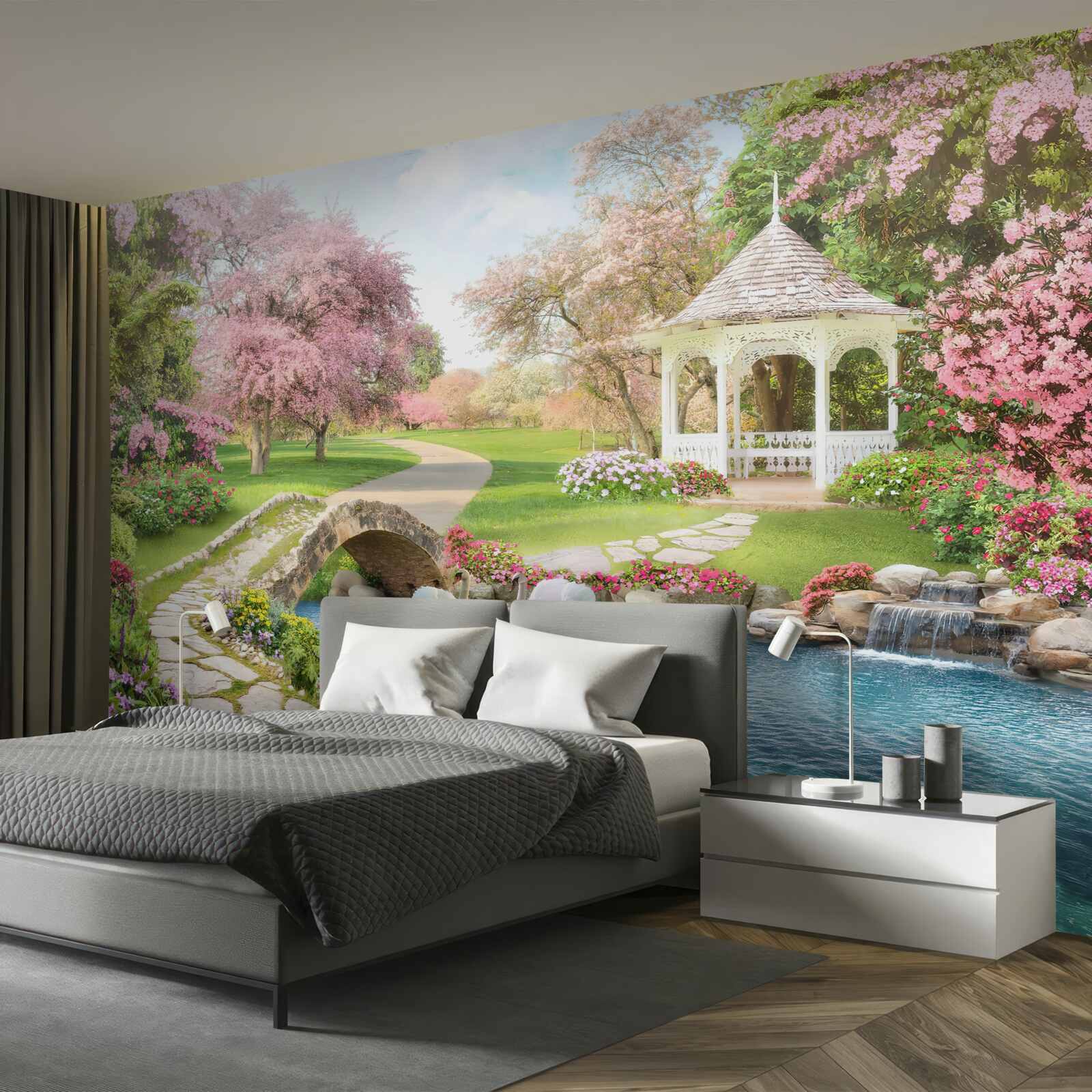 Fotobehang paviljoen bij een meer met zwanen