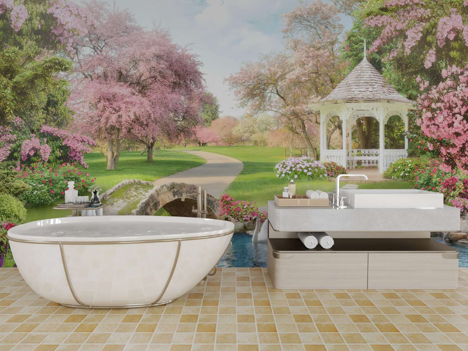 Fotobehang paviljoen bij een meer met zwanen