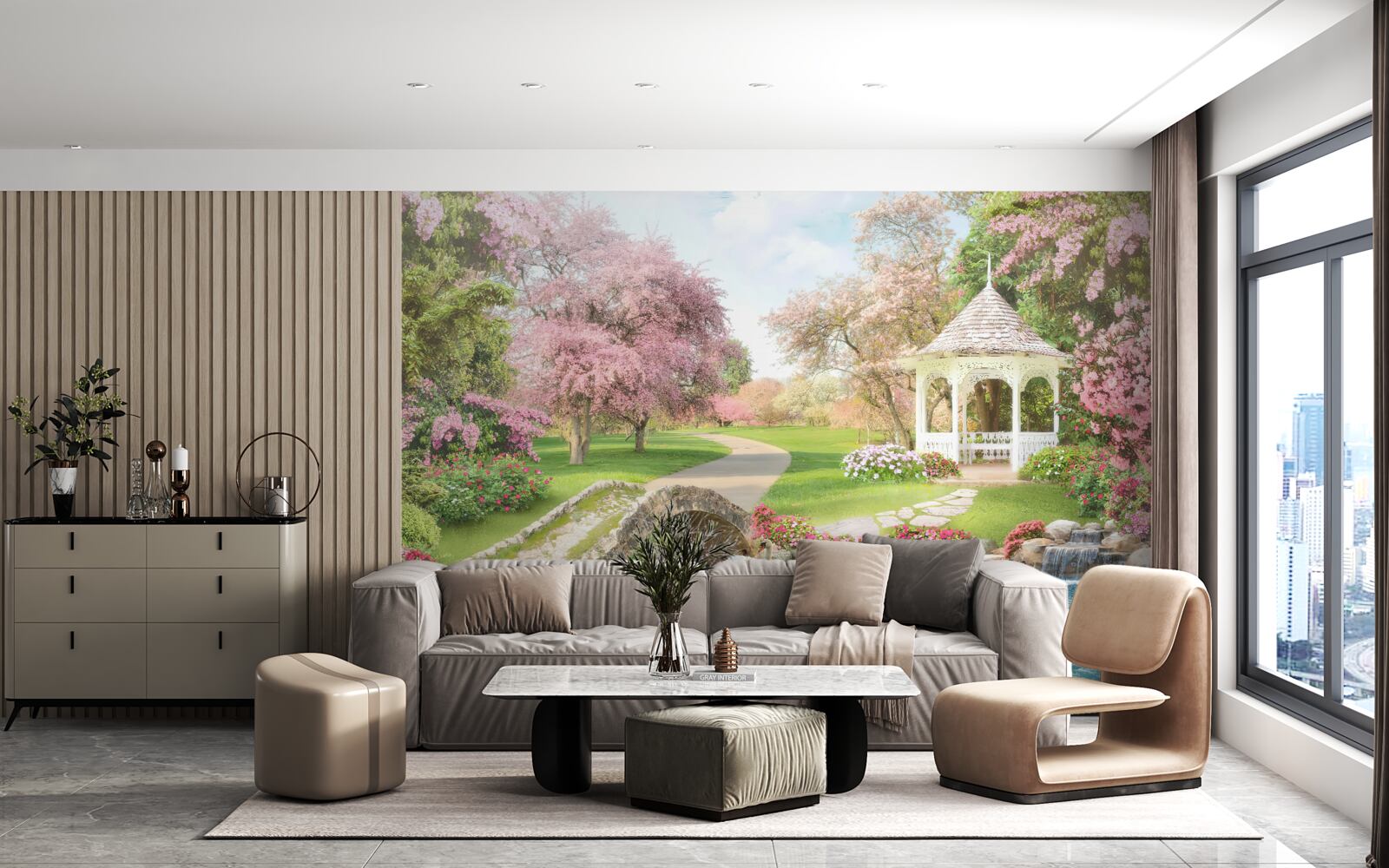 Fotobehang paviljoen bij een meer met zwanen