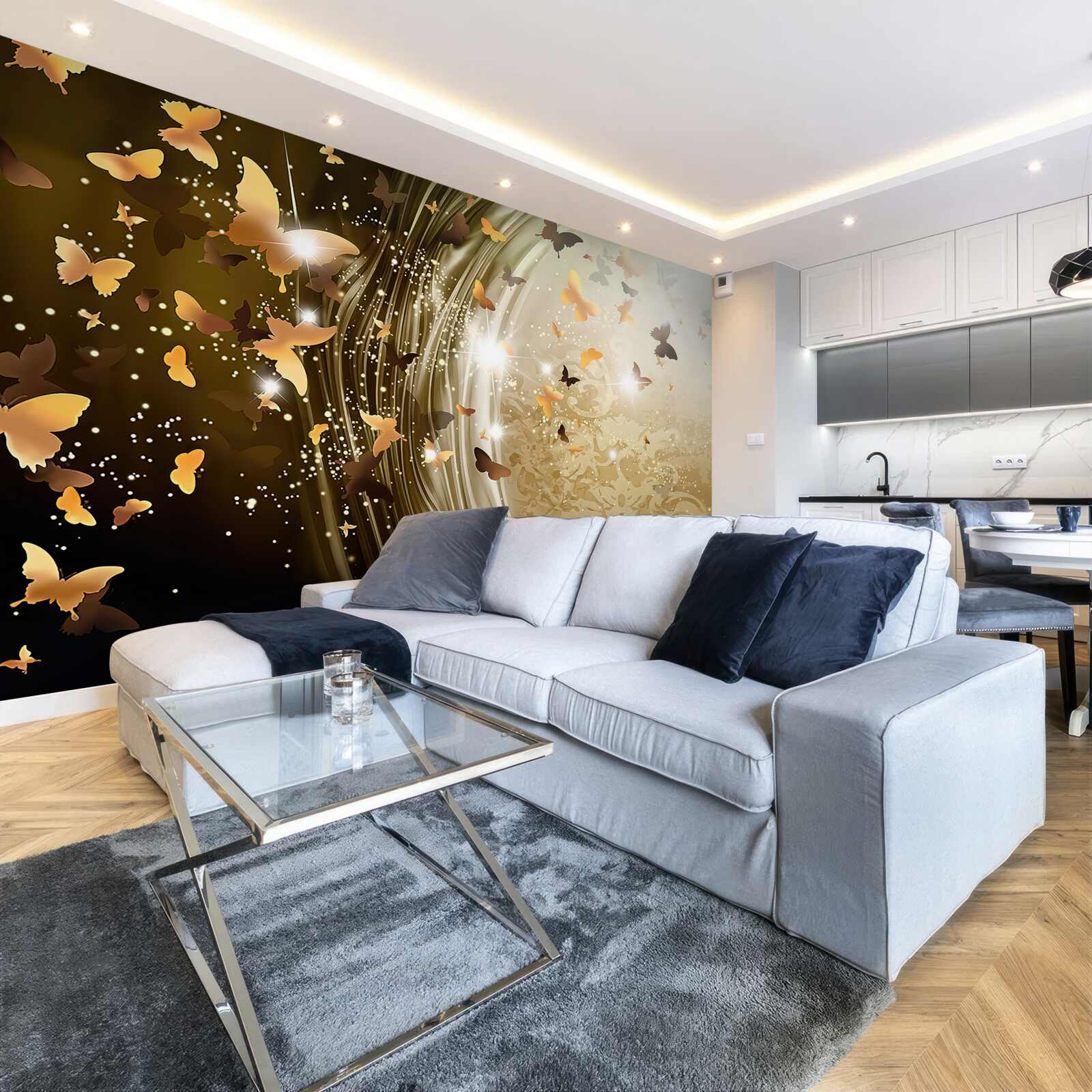 Fotobehang gouden achtergrond met vlinders