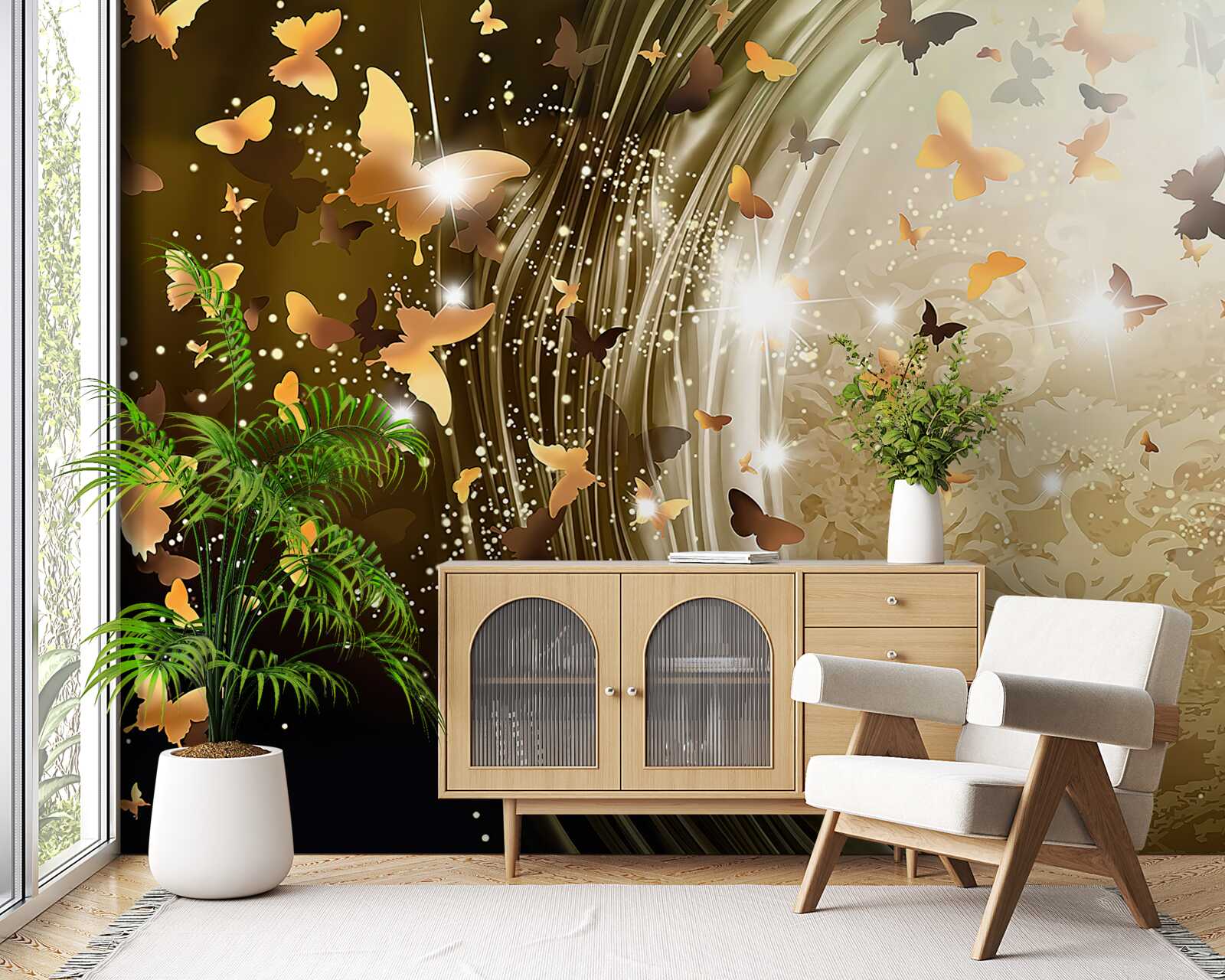 Fotobehang gouden achtergrond met vlinders