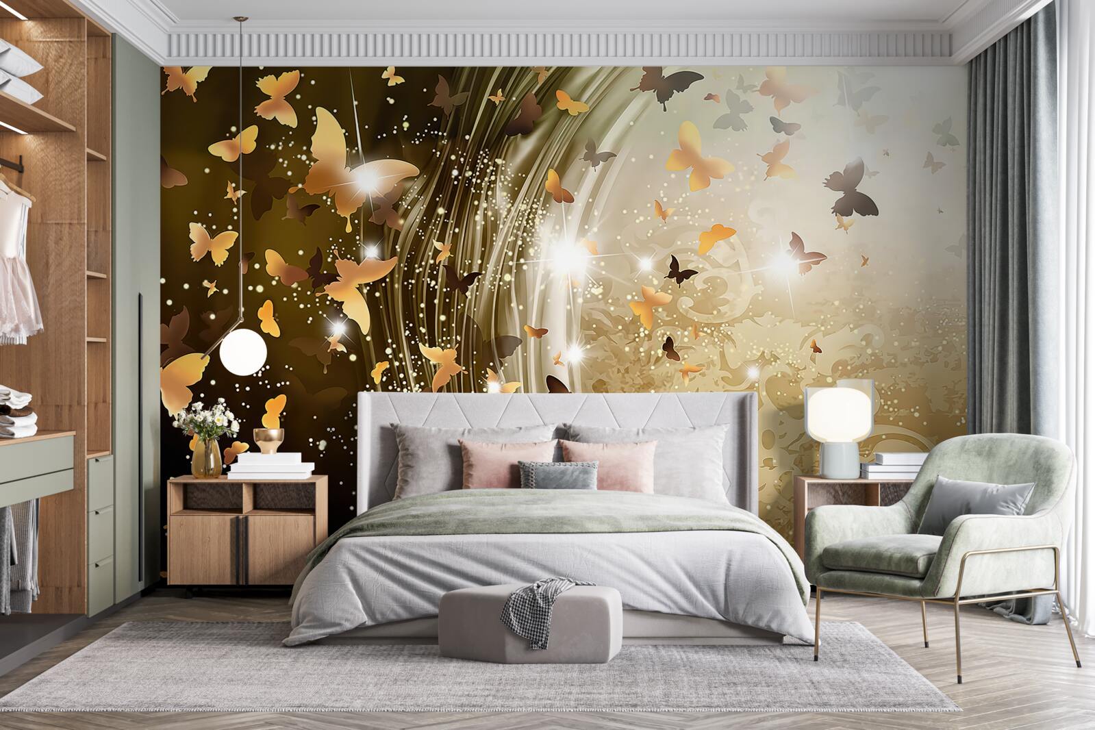 Fotobehang gouden achtergrond met vlinders