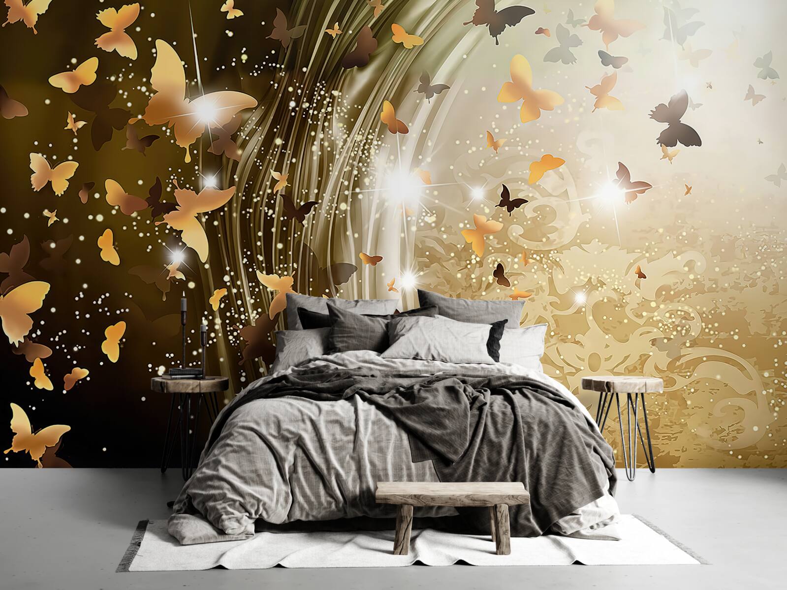 Fotobehang gouden achtergrond met vlinders