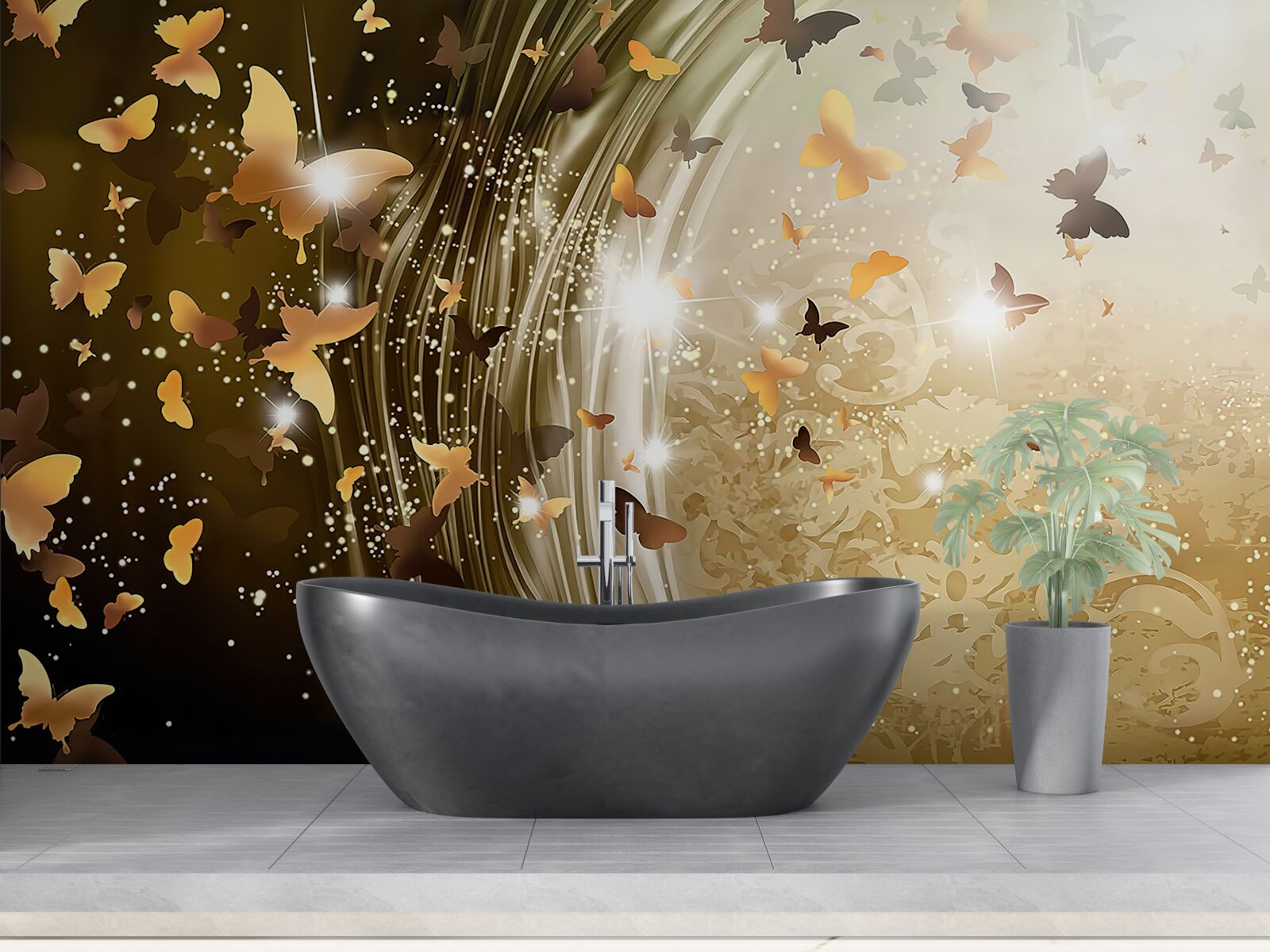Fotobehang gouden achtergrond met vlinders