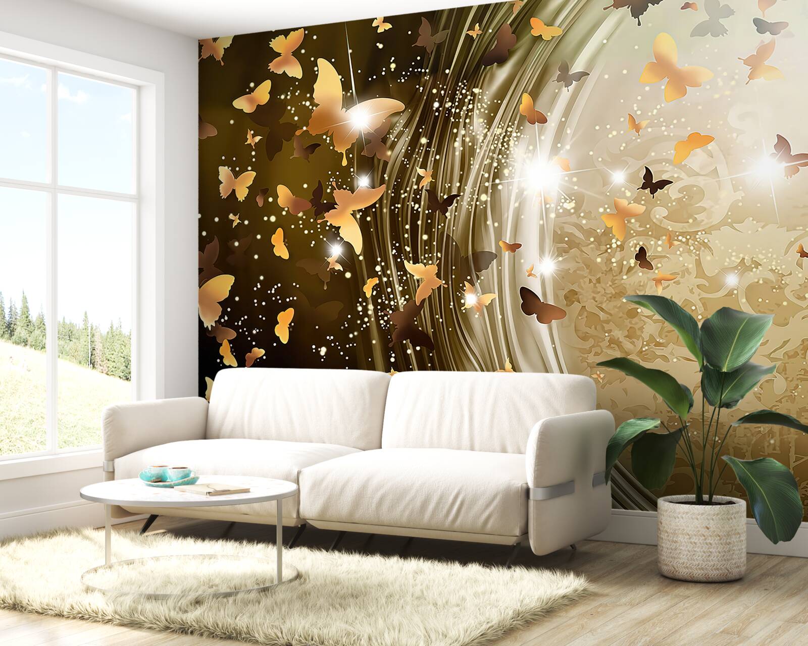 Fotobehang gouden achtergrond met vlinders