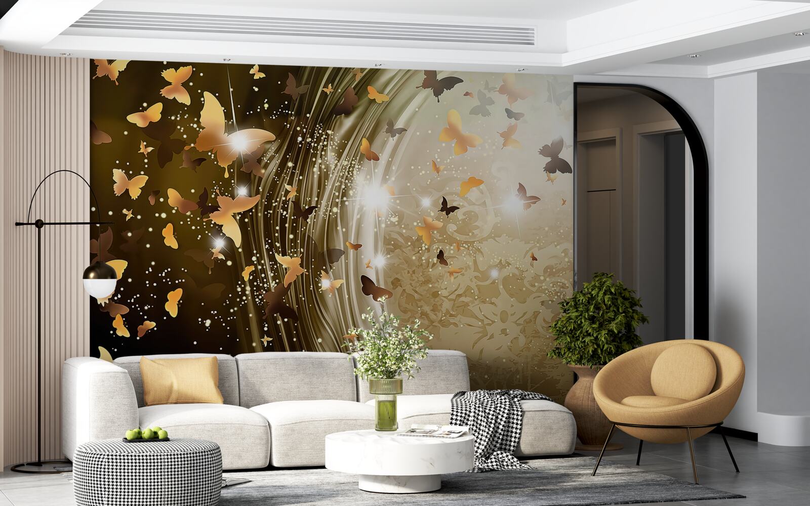 Fotobehang gouden achtergrond met vlinders