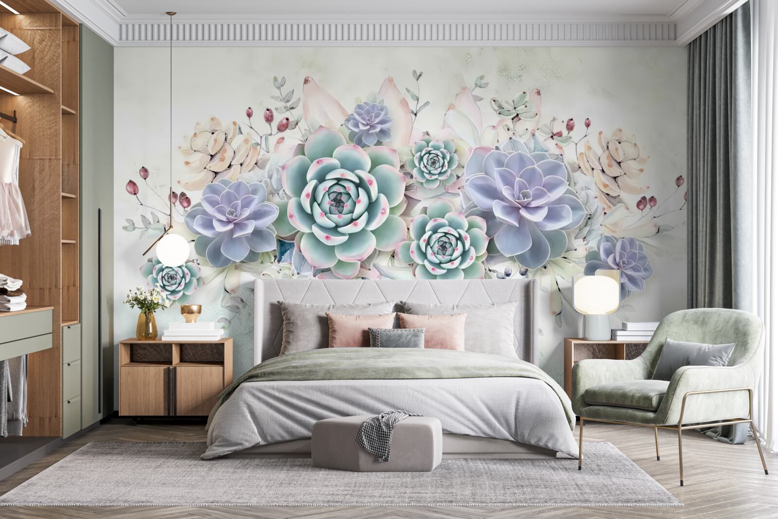 Fotobehang blauwe bloemen op een lichte achtergrond