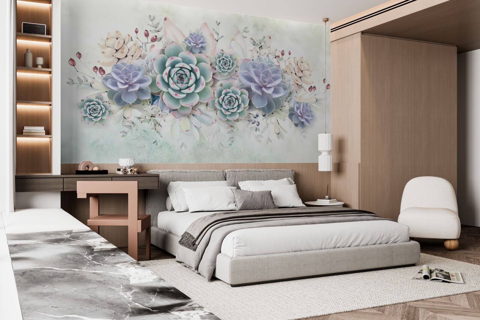 Fotobehang blauwe bloemen op een lichte achtergrond