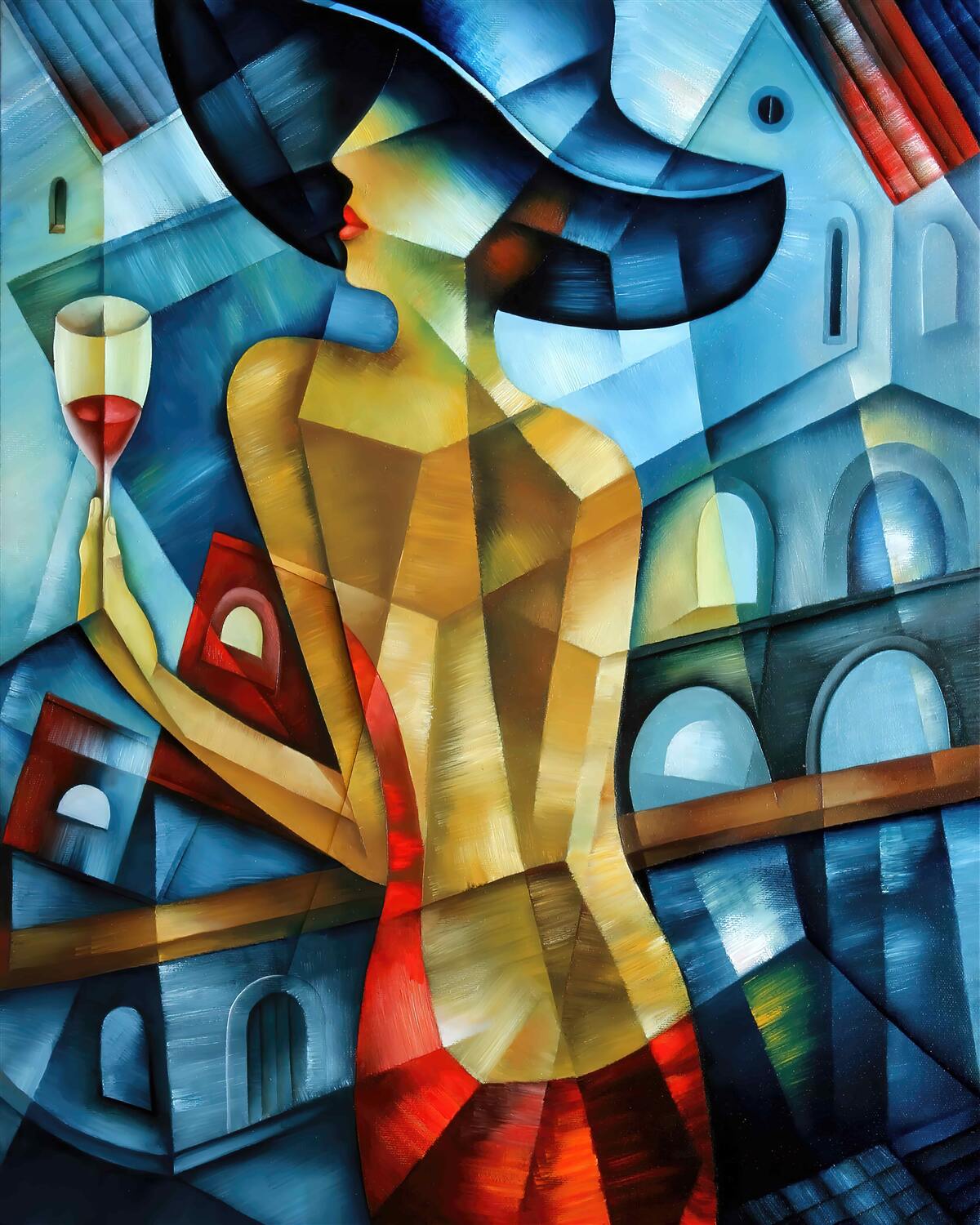 Fotobehang dame met hoed en glas in haar hand