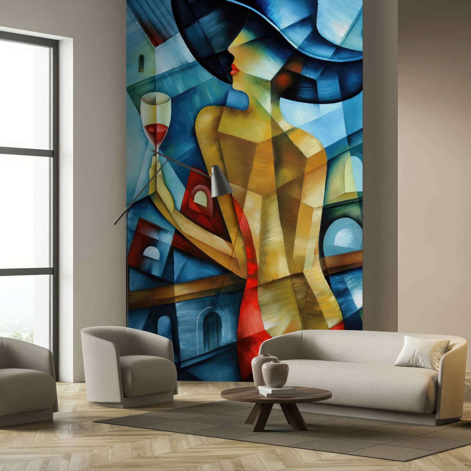 Fotobehang dame met hoed en glas in haar hand