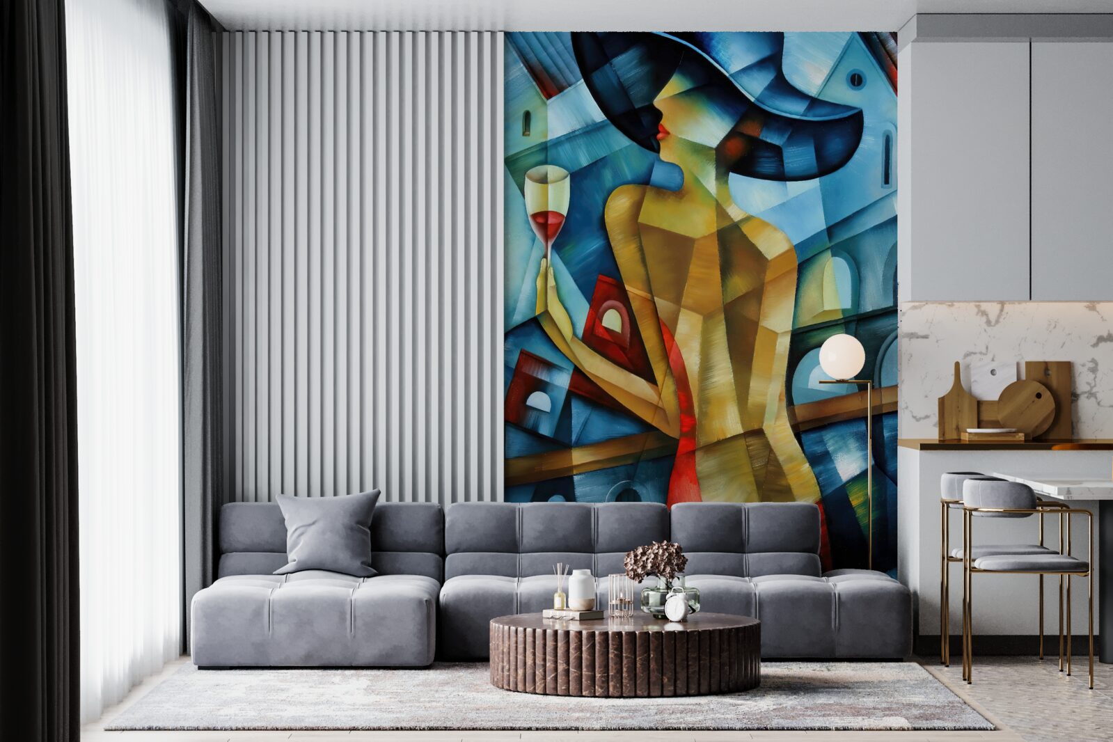 Fotobehang dame met hoed en glas in haar hand