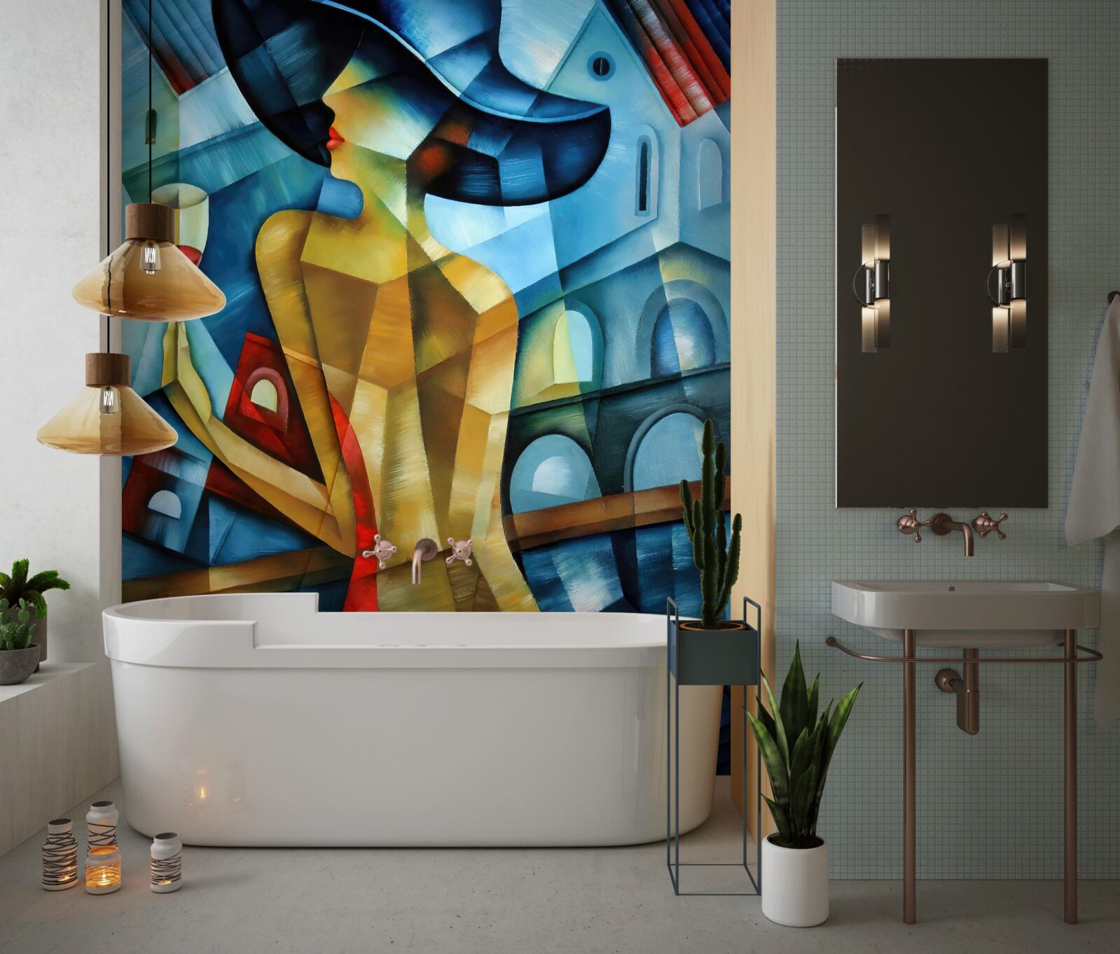 Fotobehang dame met hoed en glas in haar hand