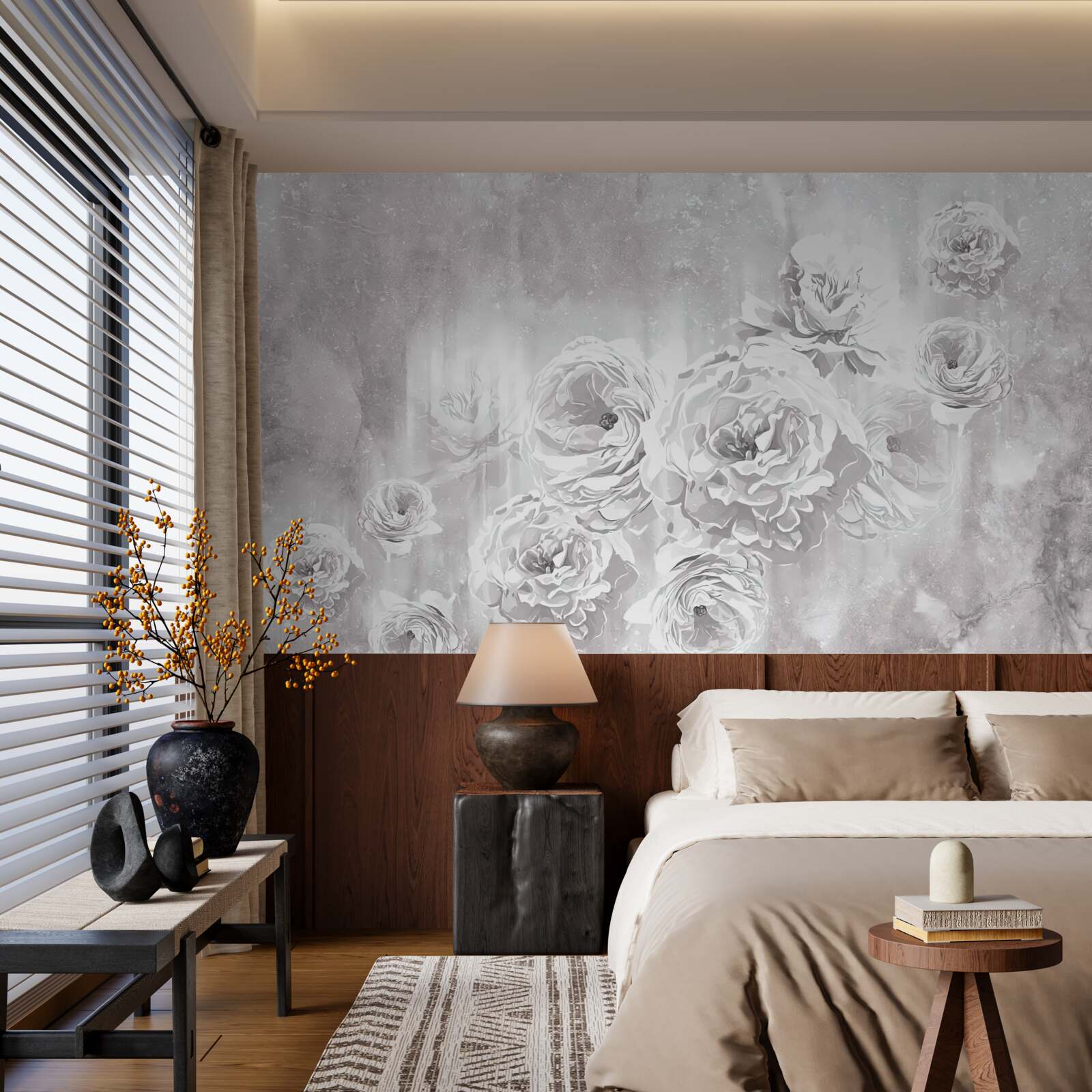Fotobehang lichtgekleurde rozen tegen grijs- en wittinten