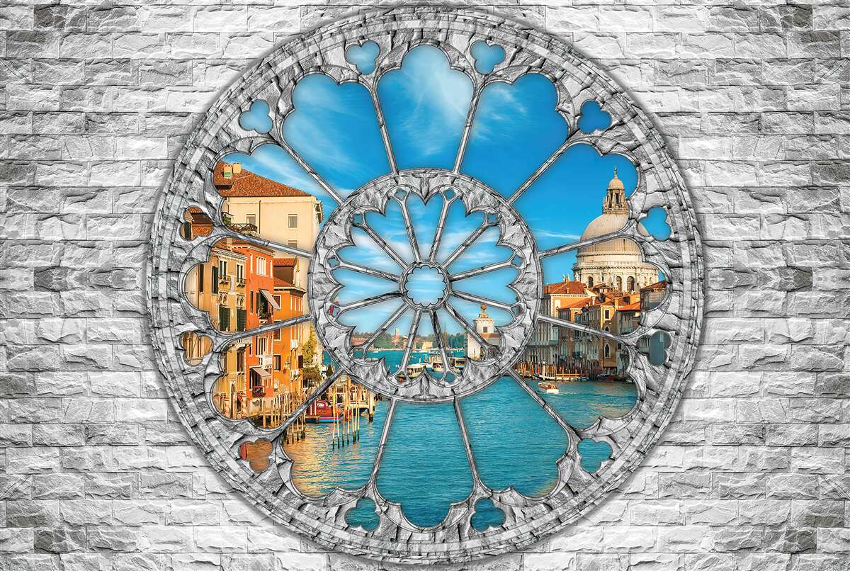 Fotobehang raam met panoramisch uitzicht op de rivier en de stad