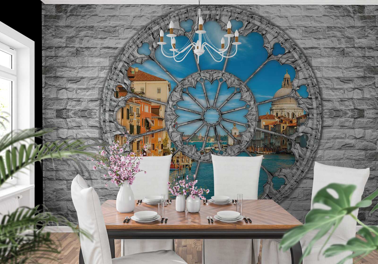 Fotobehang raam met panoramisch uitzicht op de rivier en de stad