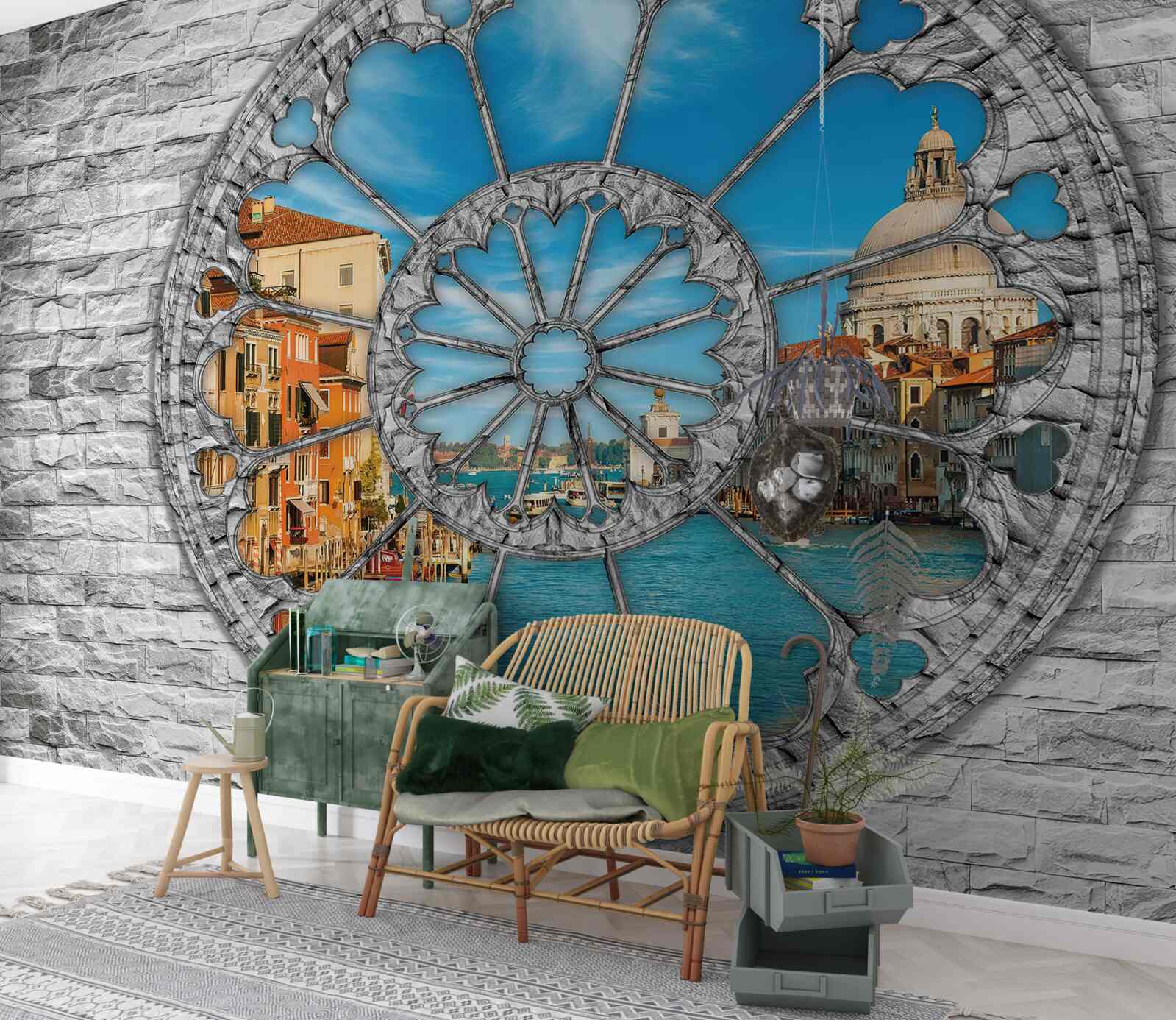 Fotobehang raam met panoramisch uitzicht op de rivier en de stad