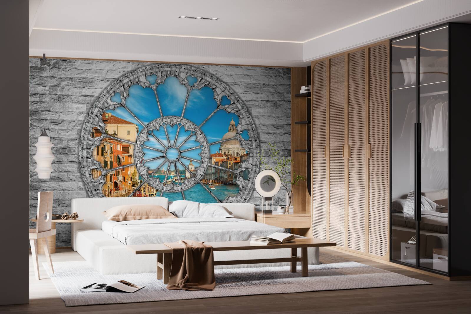 Fotobehang raam met panoramisch uitzicht op de rivier en de stad