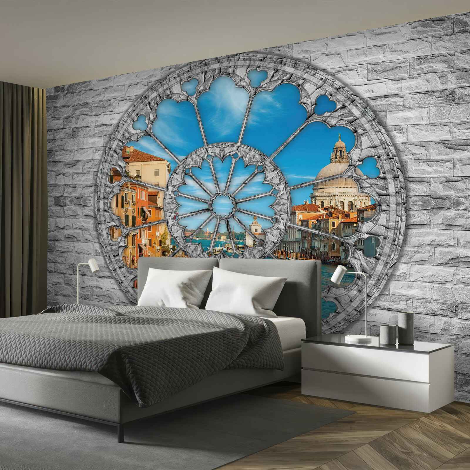 Fotobehang raam met panoramisch uitzicht op de rivier en de stad