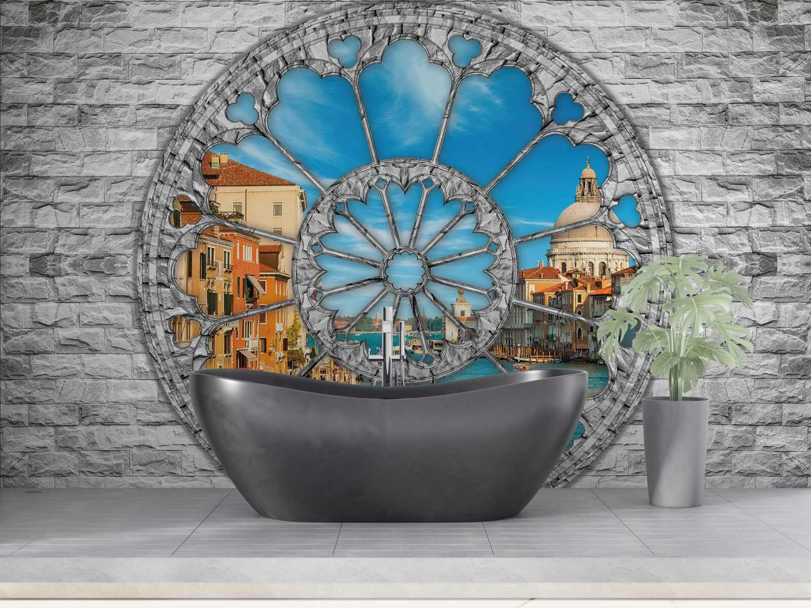 Fotobehang raam met panoramisch uitzicht op de rivier en de stad