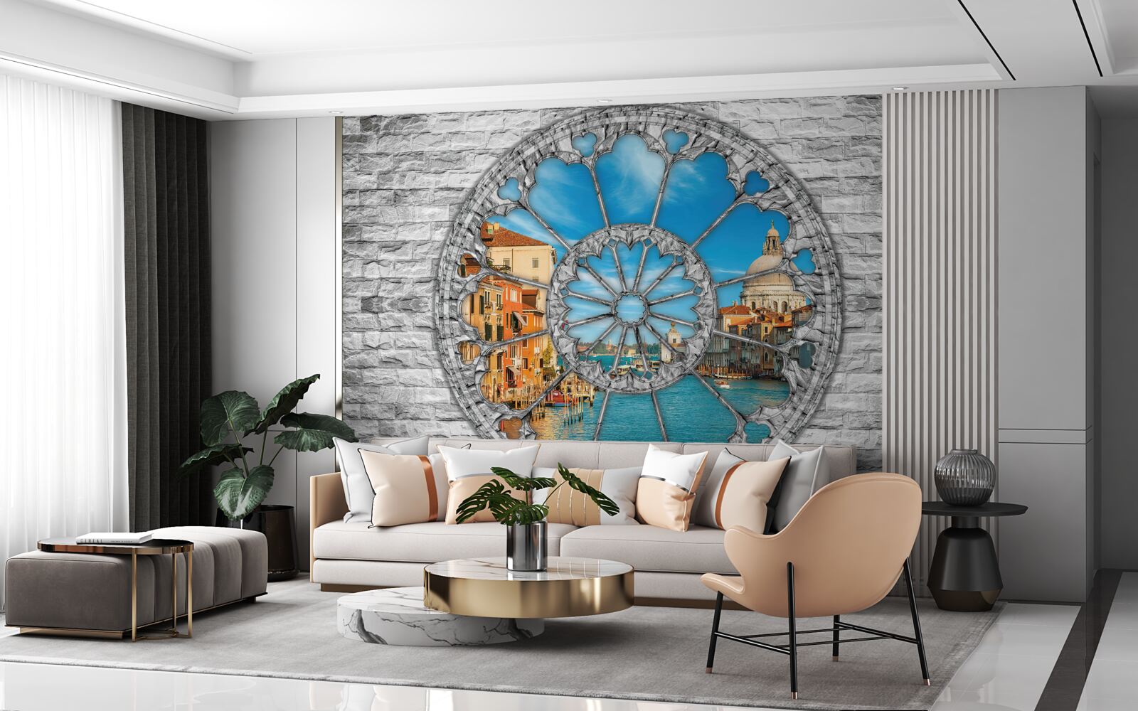 Fotobehang raam met panoramisch uitzicht op de rivier en de stad