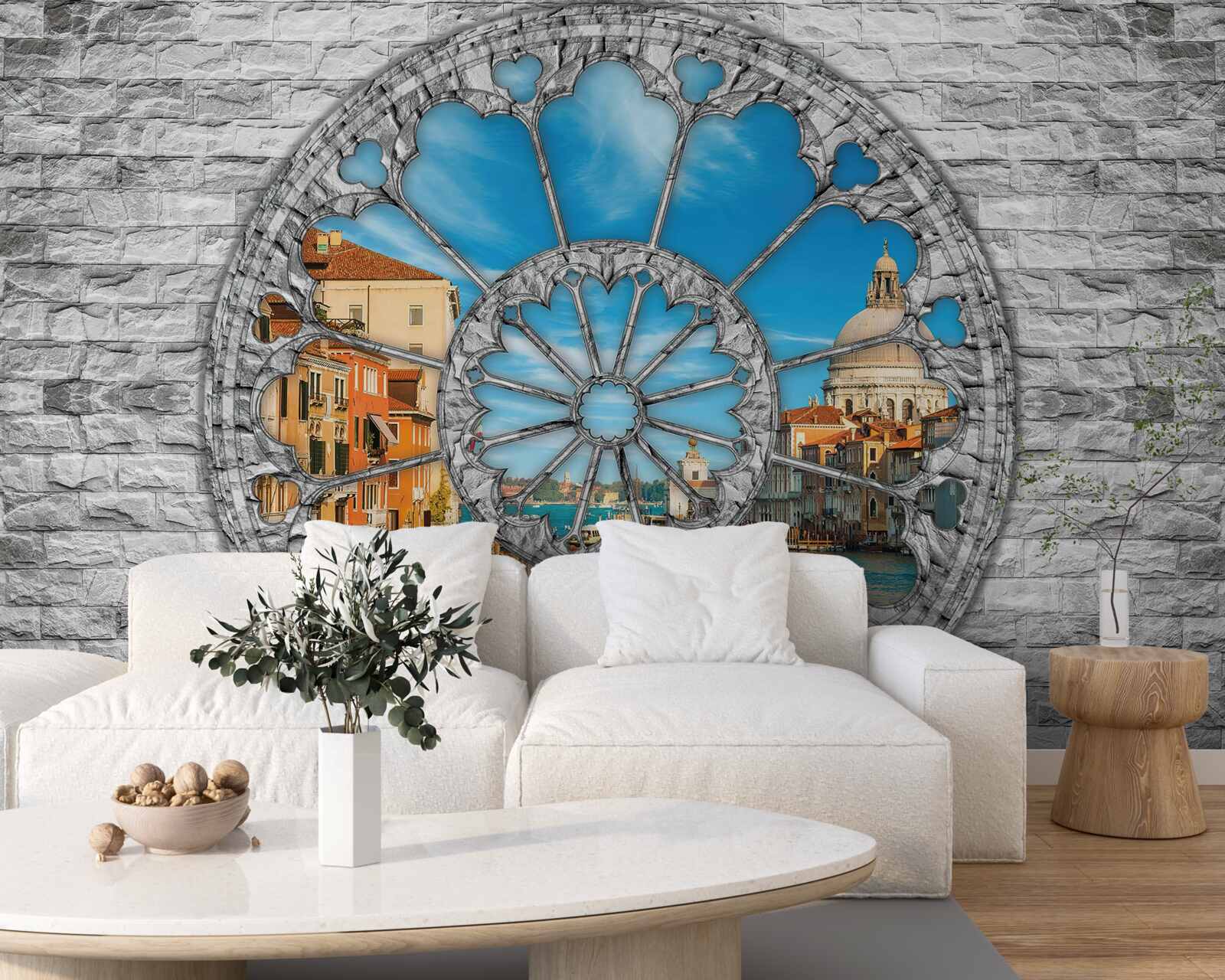 Fotobehang raam met panoramisch uitzicht op de rivier en de stad