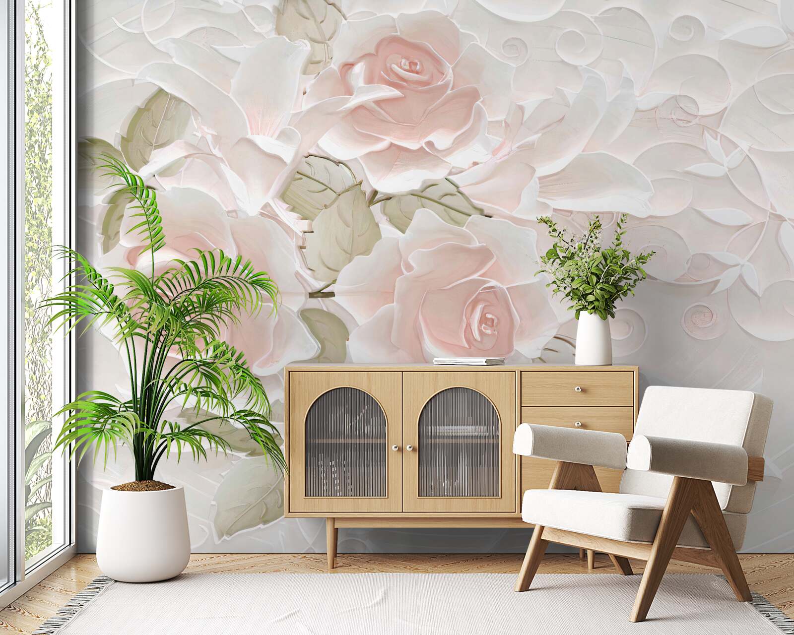 Fotobehang bleke rozen op een bleke muur