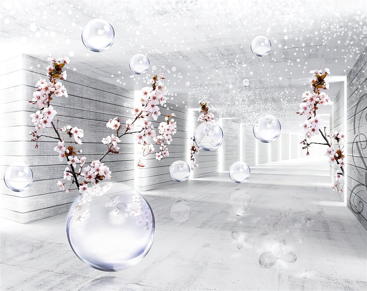 Fotobehang cirkels en takken met bloemen waar je doorheen kunt kijken