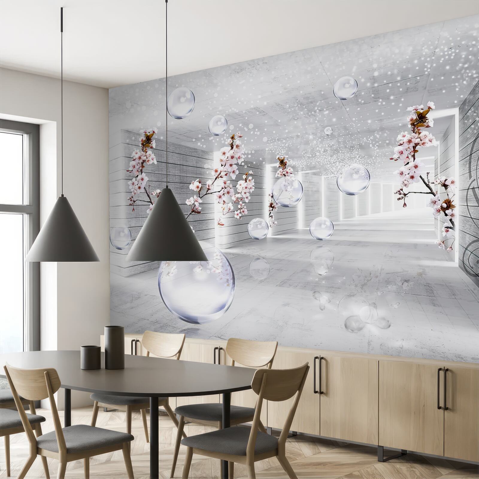 Fotobehang cirkels en takken met bloemen waar je doorheen kunt kijken