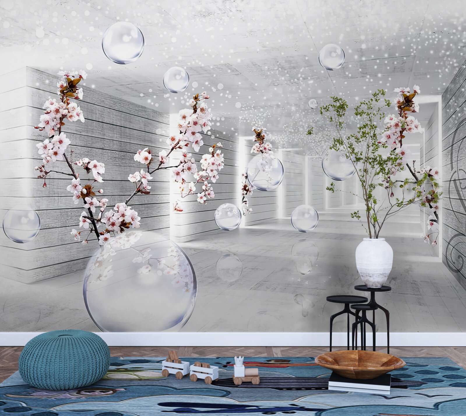 Fotobehang cirkels en takken met bloemen waar je doorheen kunt kijken