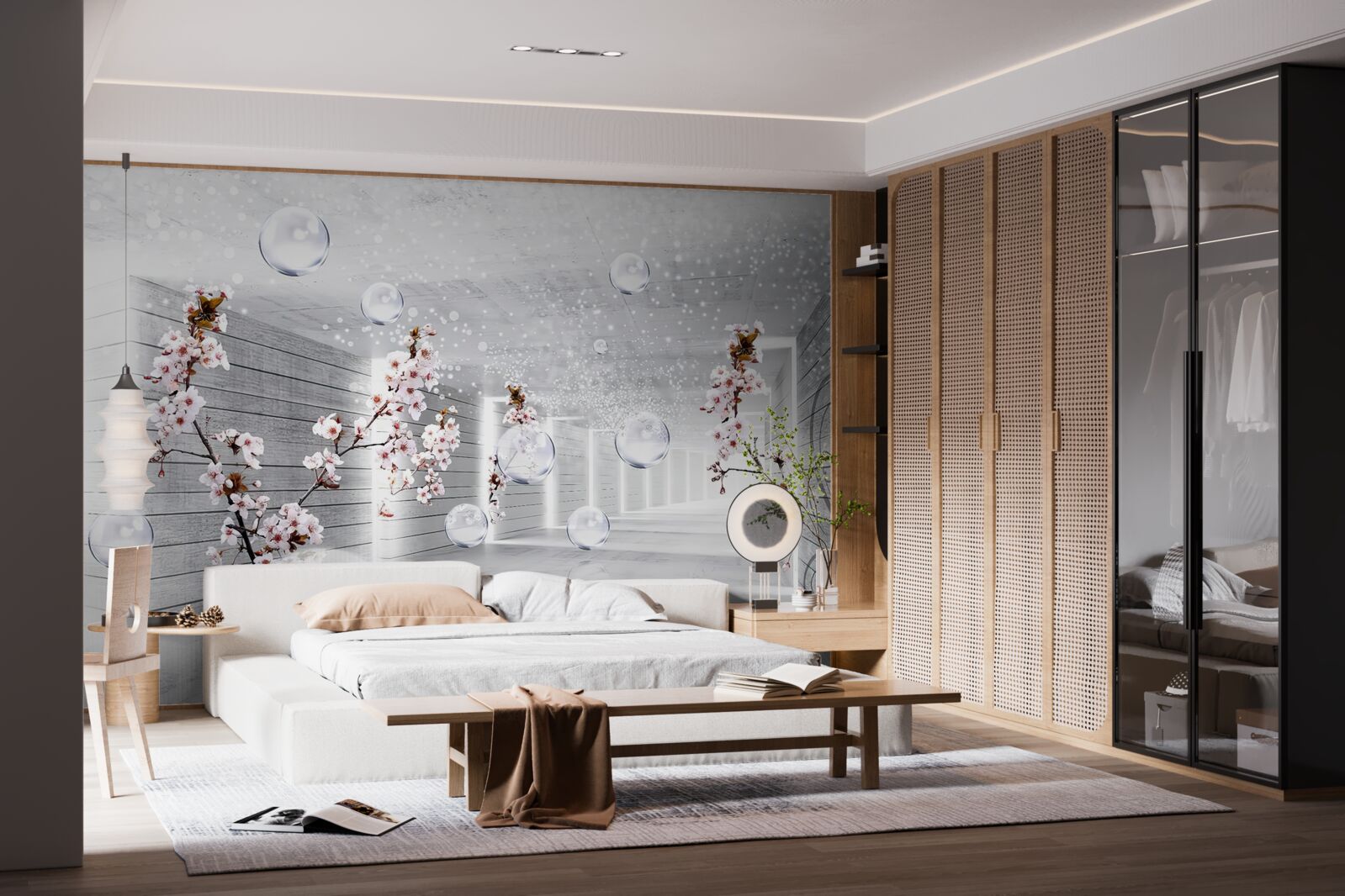 Fotobehang cirkels en takken met bloemen waar je doorheen kunt kijken