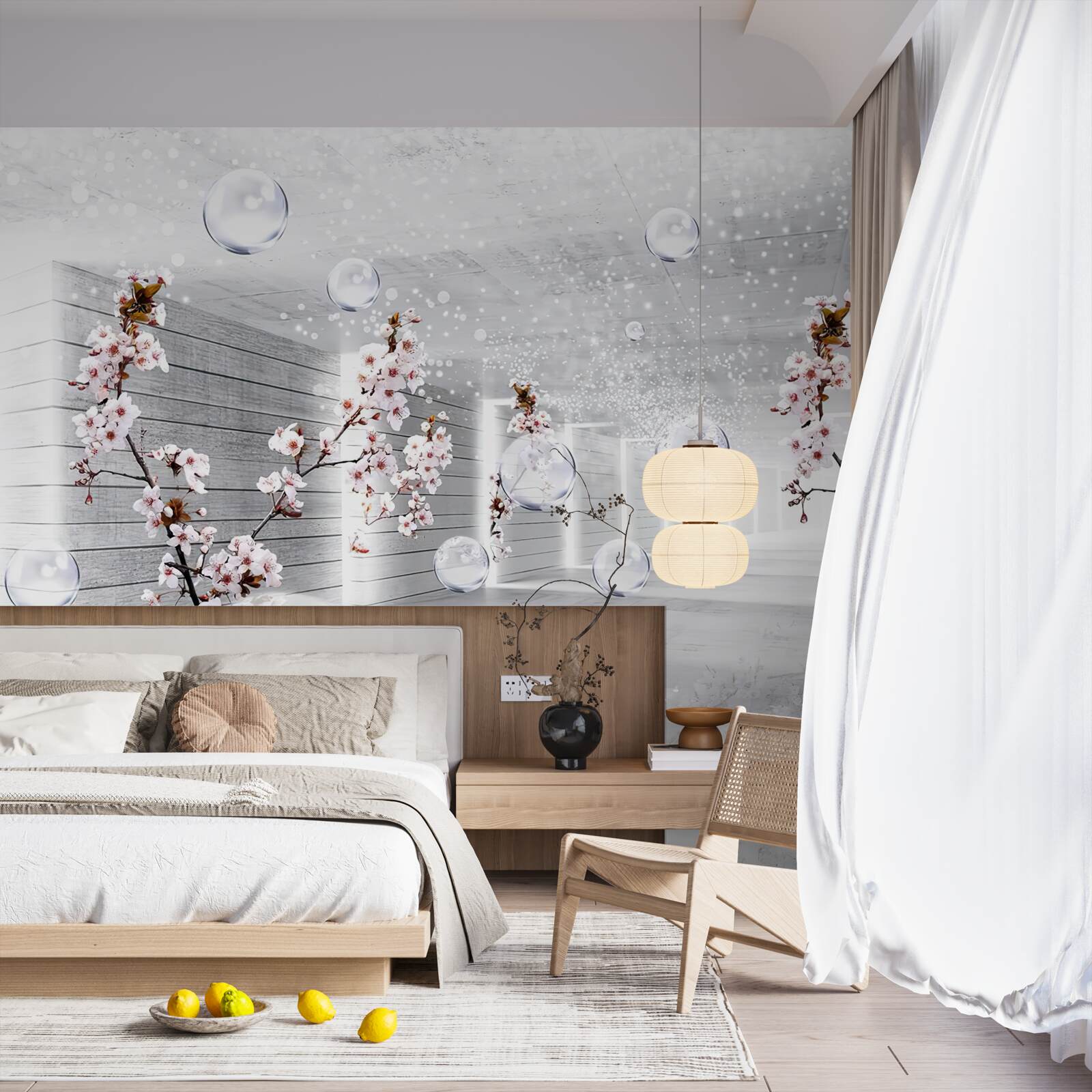 Fotobehang cirkels en takken met bloemen waar je doorheen kunt kijken