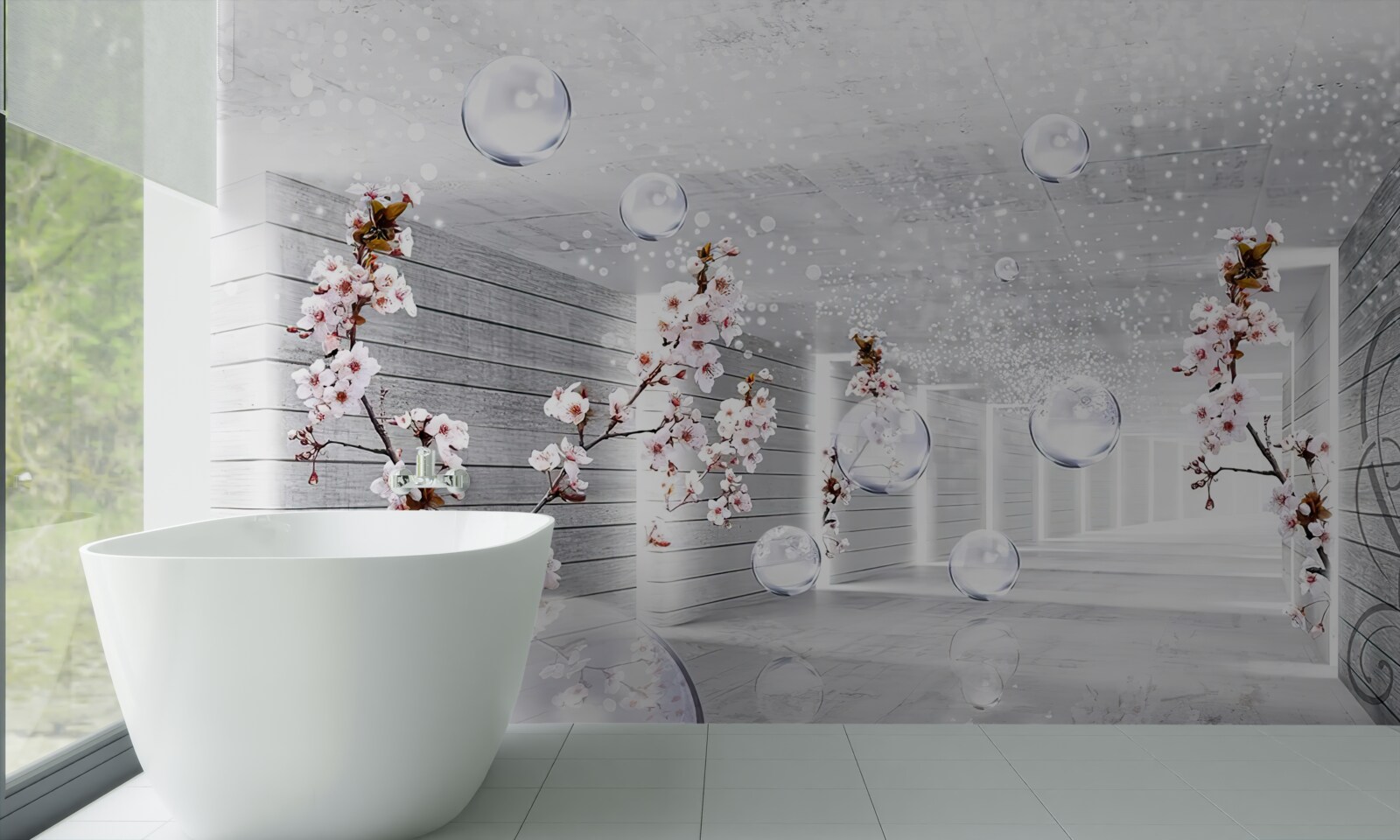 Fotobehang cirkels en takken met bloemen waar je doorheen kunt kijken