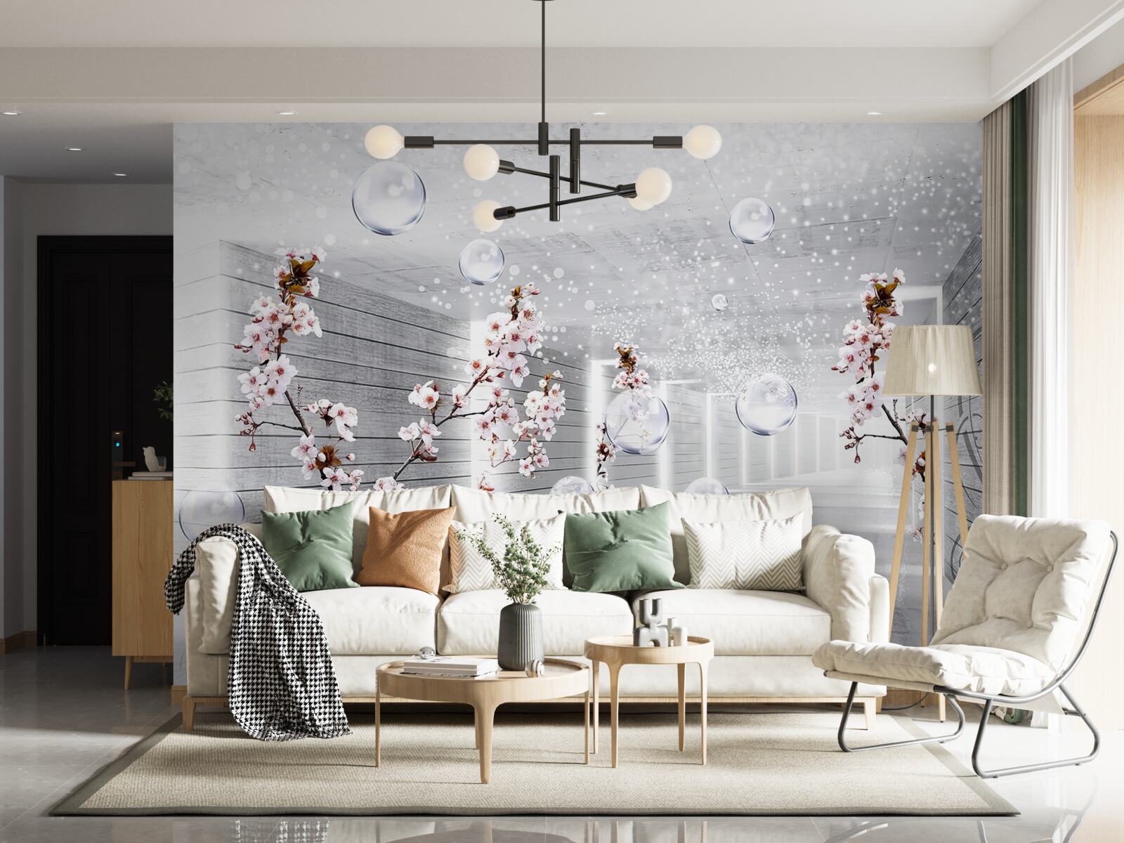 Fotobehang cirkels en takken met bloemen waar je doorheen kunt kijken